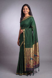 Bottle Green Jamdhani Cotton Paithani with Tarumayūra Pallu and Lakdipatta border