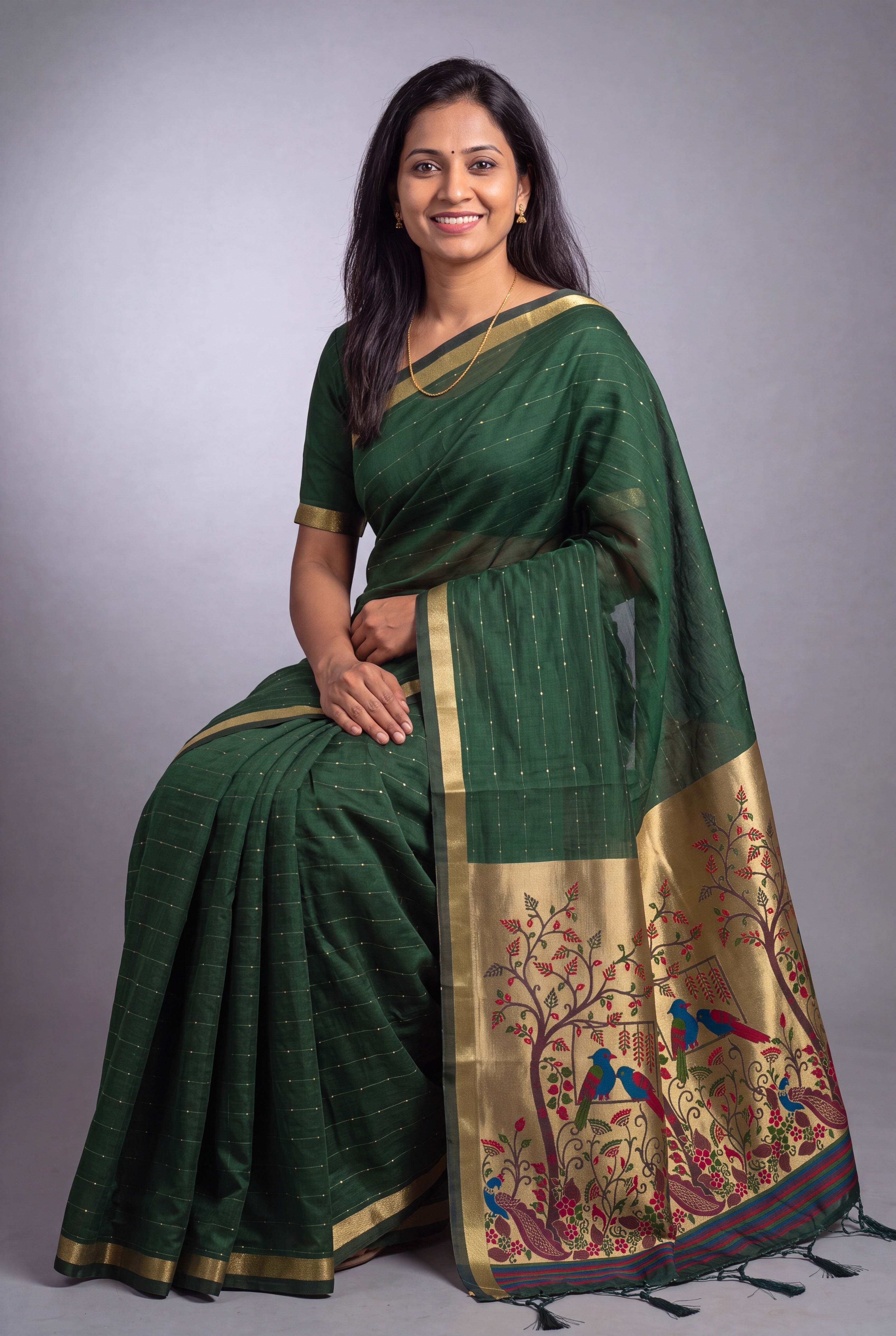 Bottle Green Jamdhani Cotton Paithani with Tarumayūra Pallu and Lakdipatta border