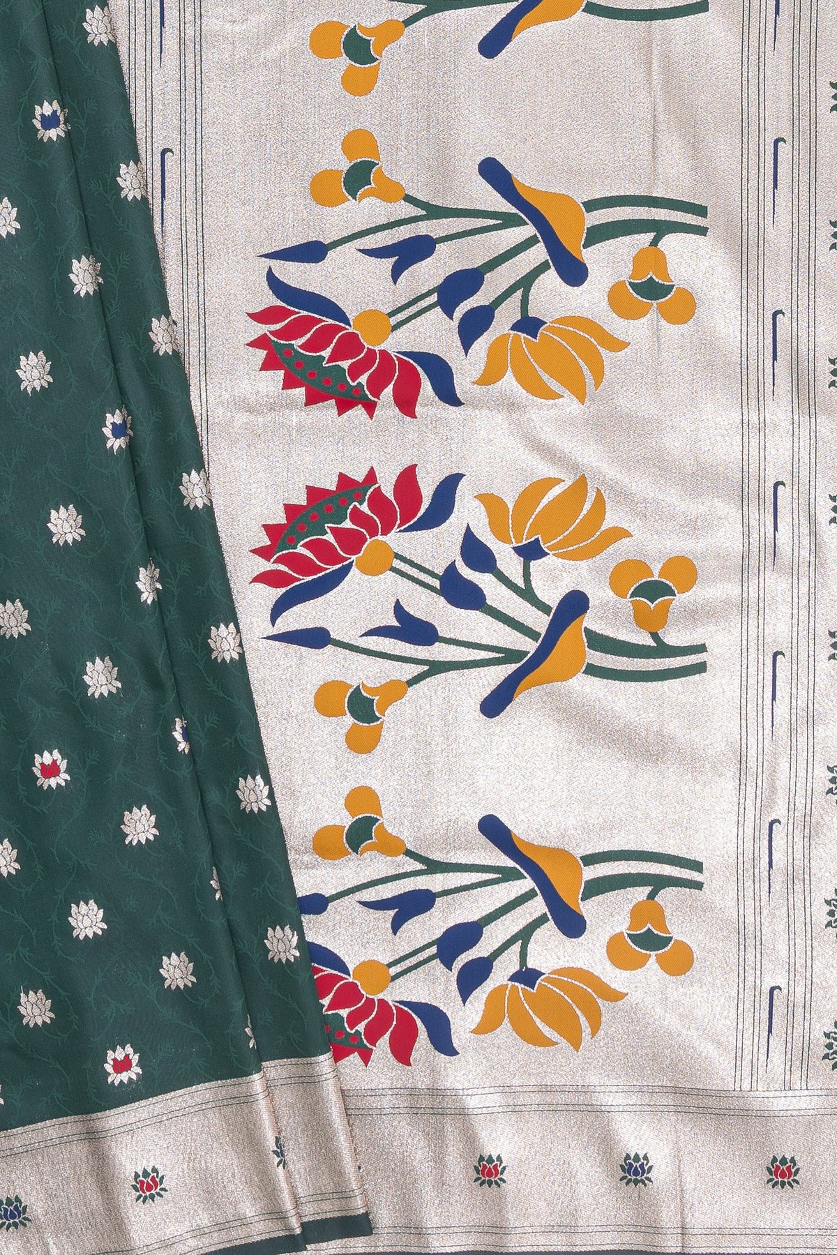 Bottle Green Katan Silk Paithani Saree with Meena Butti, Embossed Weave and Gold Zari Lotus Pallu