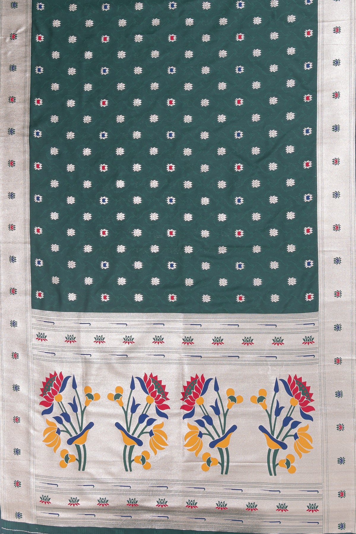 Bottle Green Katan Silk Paithani Saree with Meena Butti, Embossed Weave and Gold Zari Lotus Pallu
