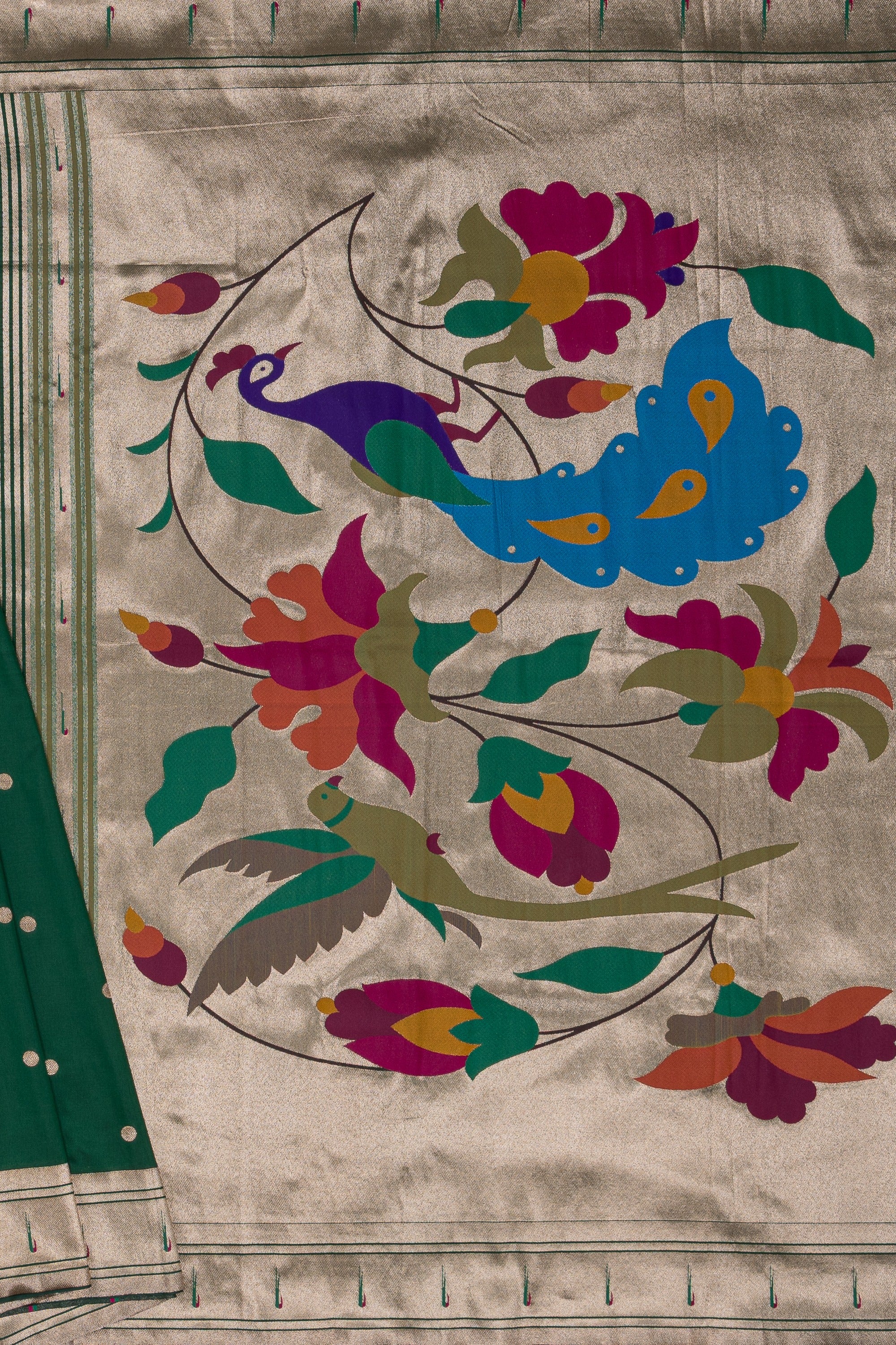 Bottle Green Katan Silk Paithani Saree with Padma–Śuka–Mayūra Pallu and Zari butti