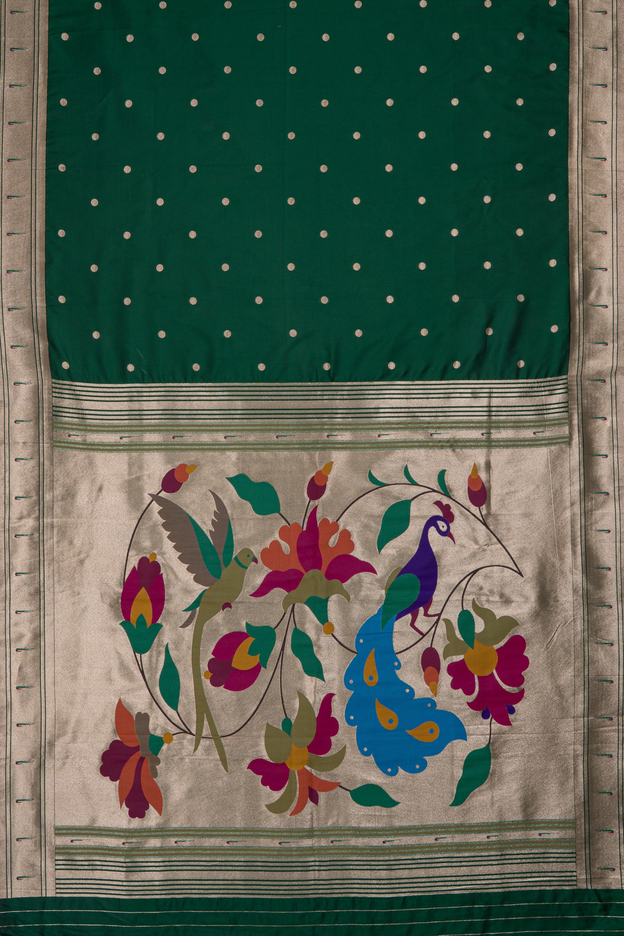 Bottle Green Katan Silk Paithani Saree with Padma–Śuka–Mayūra Pallu and Zari butti