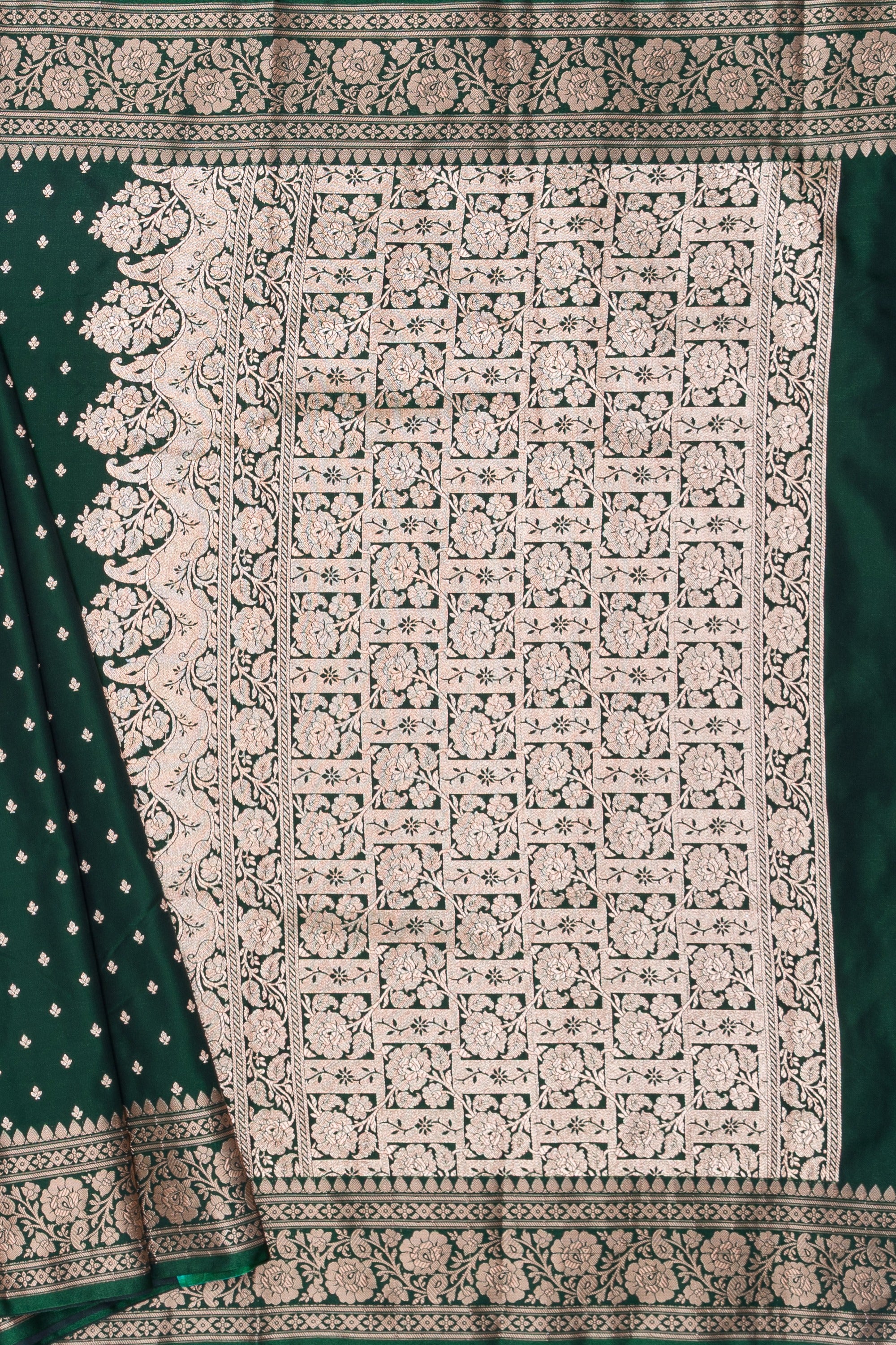 Bottle Green Soft Silk Banarasi Saree with Gold Zari Suvarṇa Padma Pallu