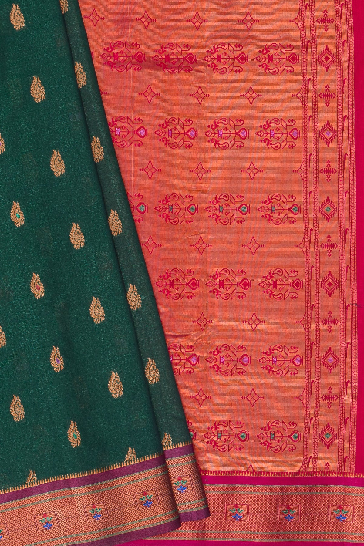 Bottle Green Soft Silk Paithani Saree with Copper Mennakari Mor Butti