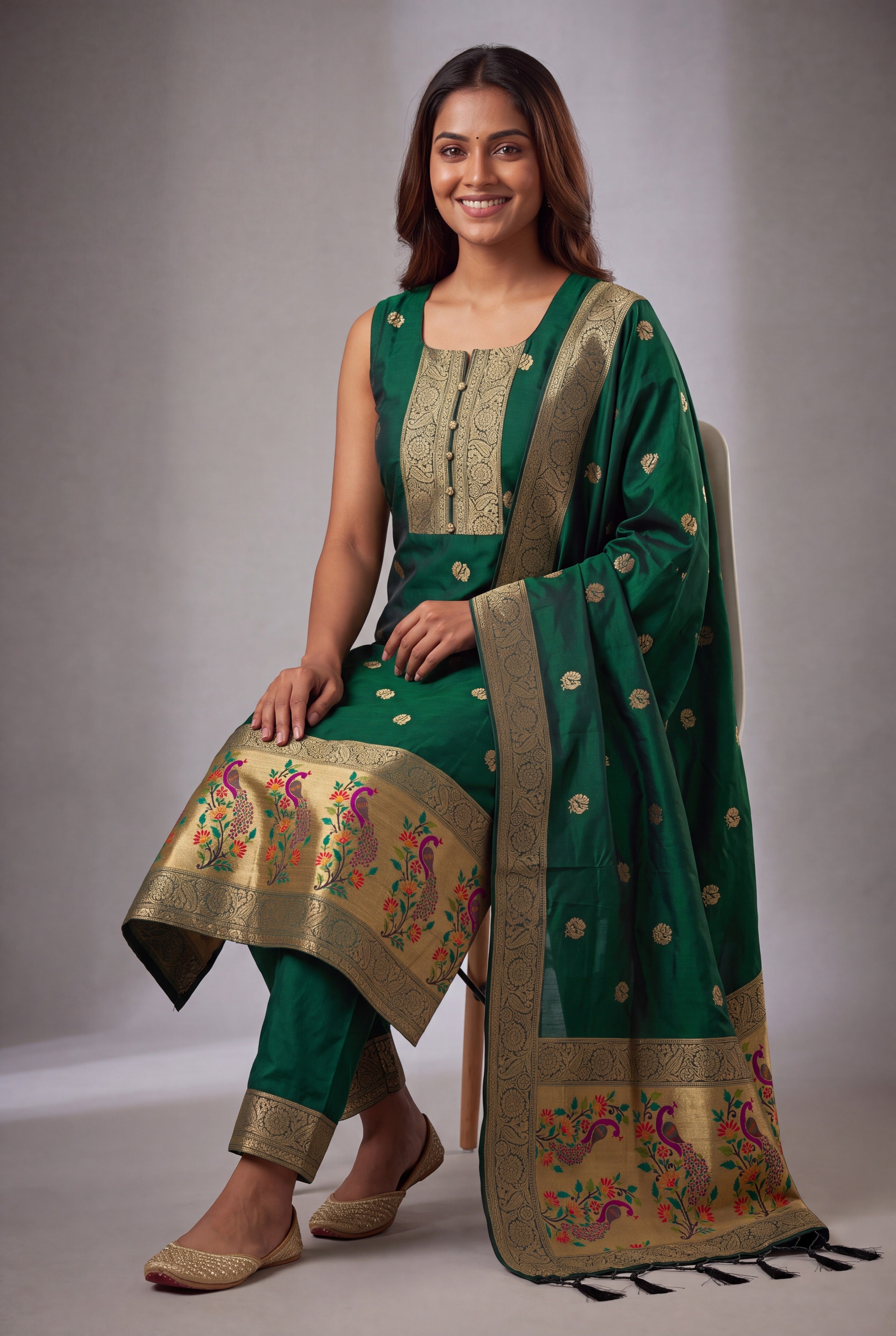 Bottle Green Soft Silk Paithani Suit Set with Resham threadwork