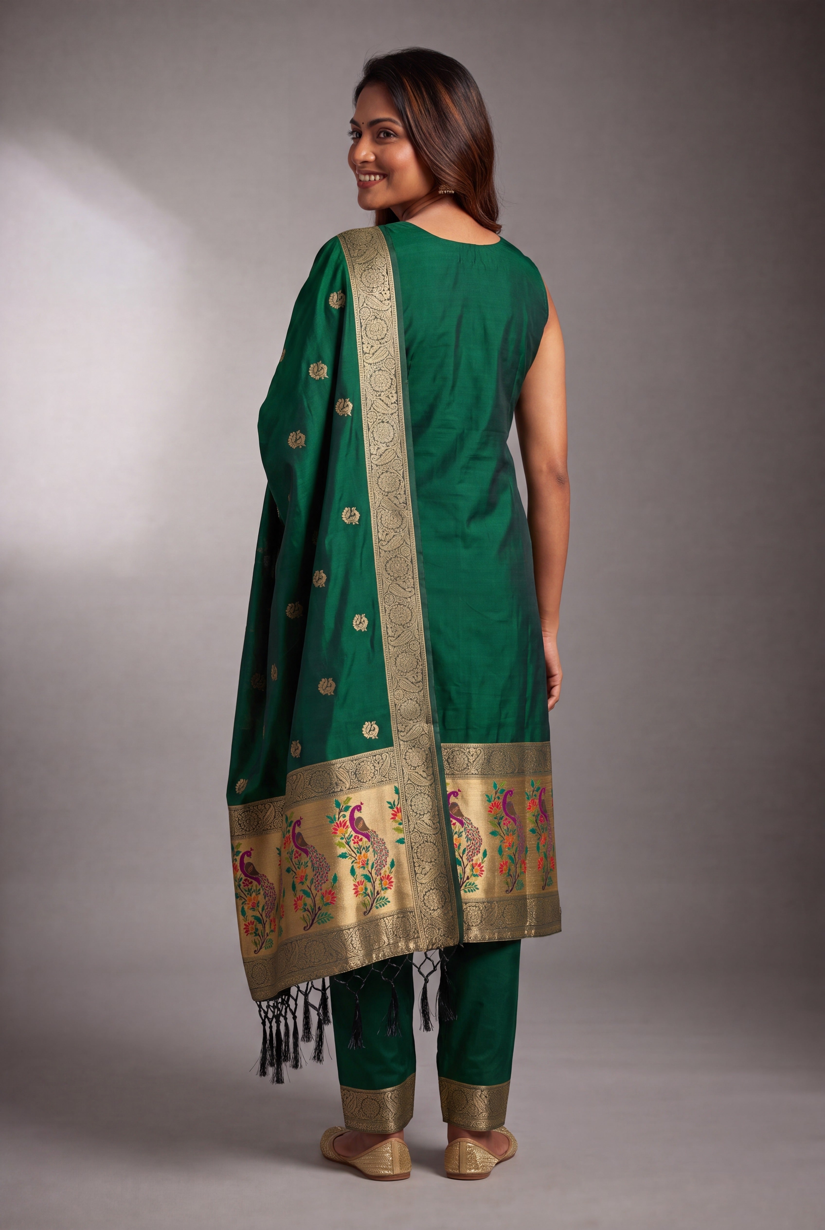 Bottle Green Soft Silk Paithani Suit Set with Resham threadwork