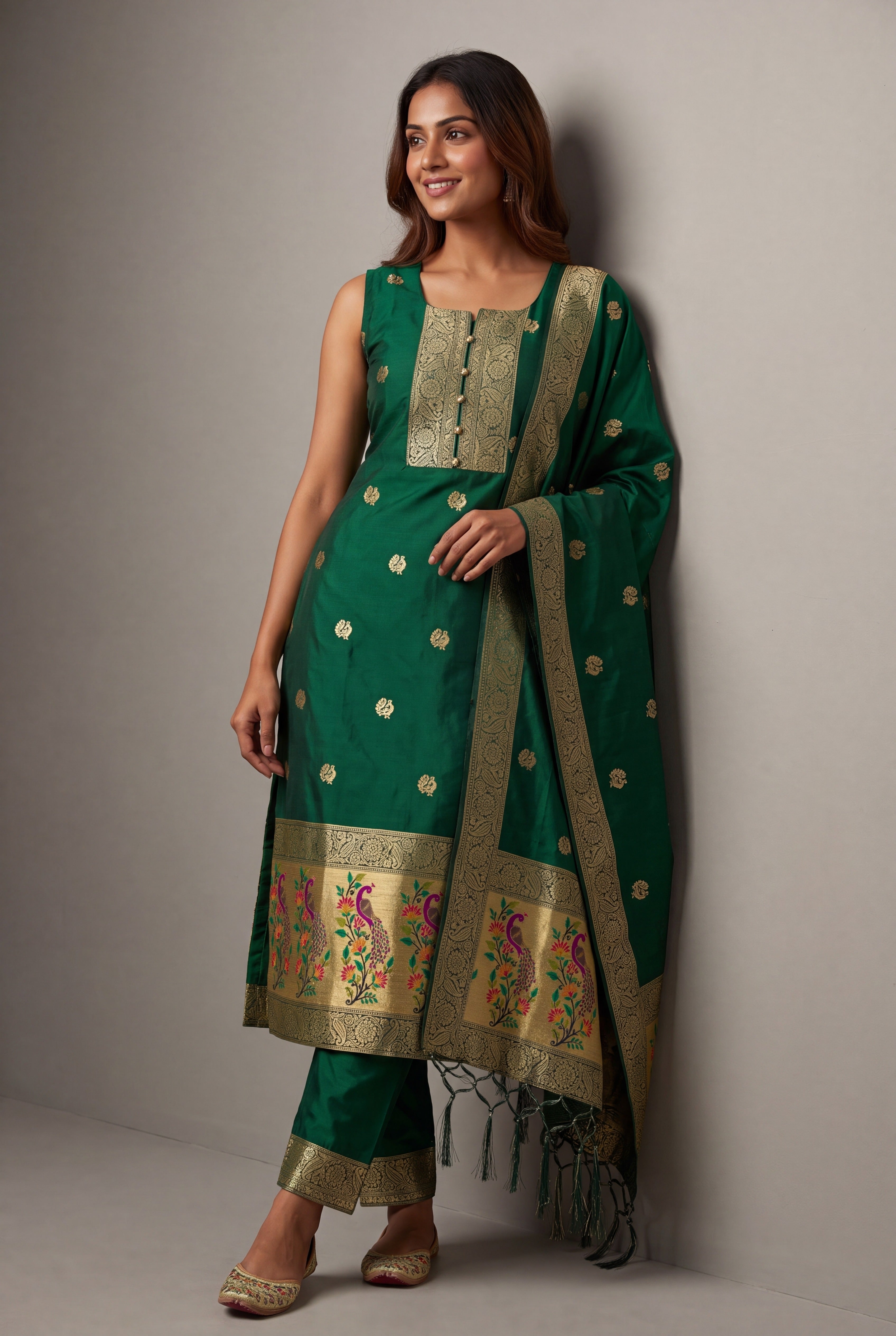 Bottle Green Soft Silk Paithani Suit Set with Resham threadwork