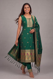 Bottle Green Soft Silk Paithani Suit Set with Resham threadwork