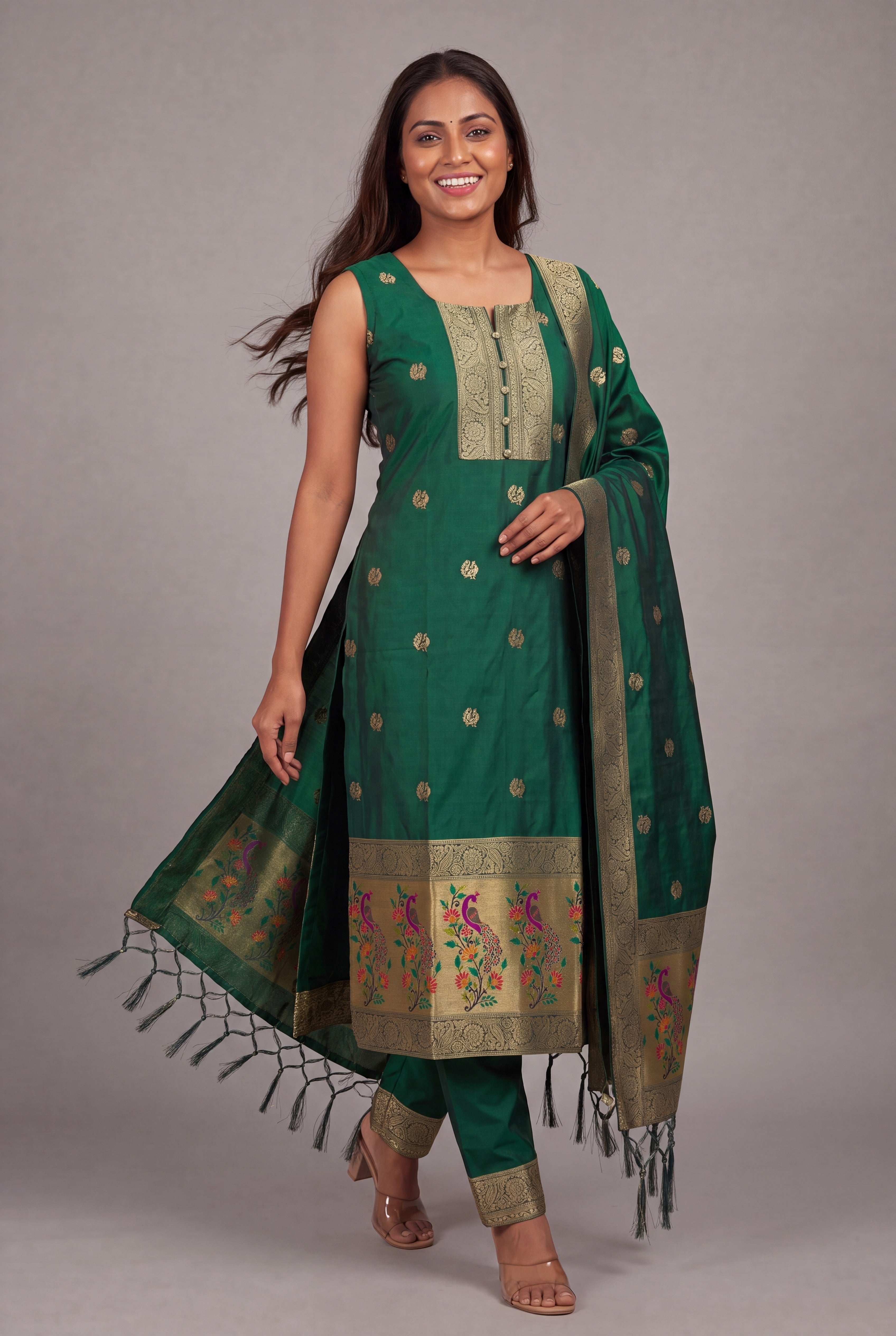 Bottle Green Soft Silk Paithani Suit Set with Resham threadwork