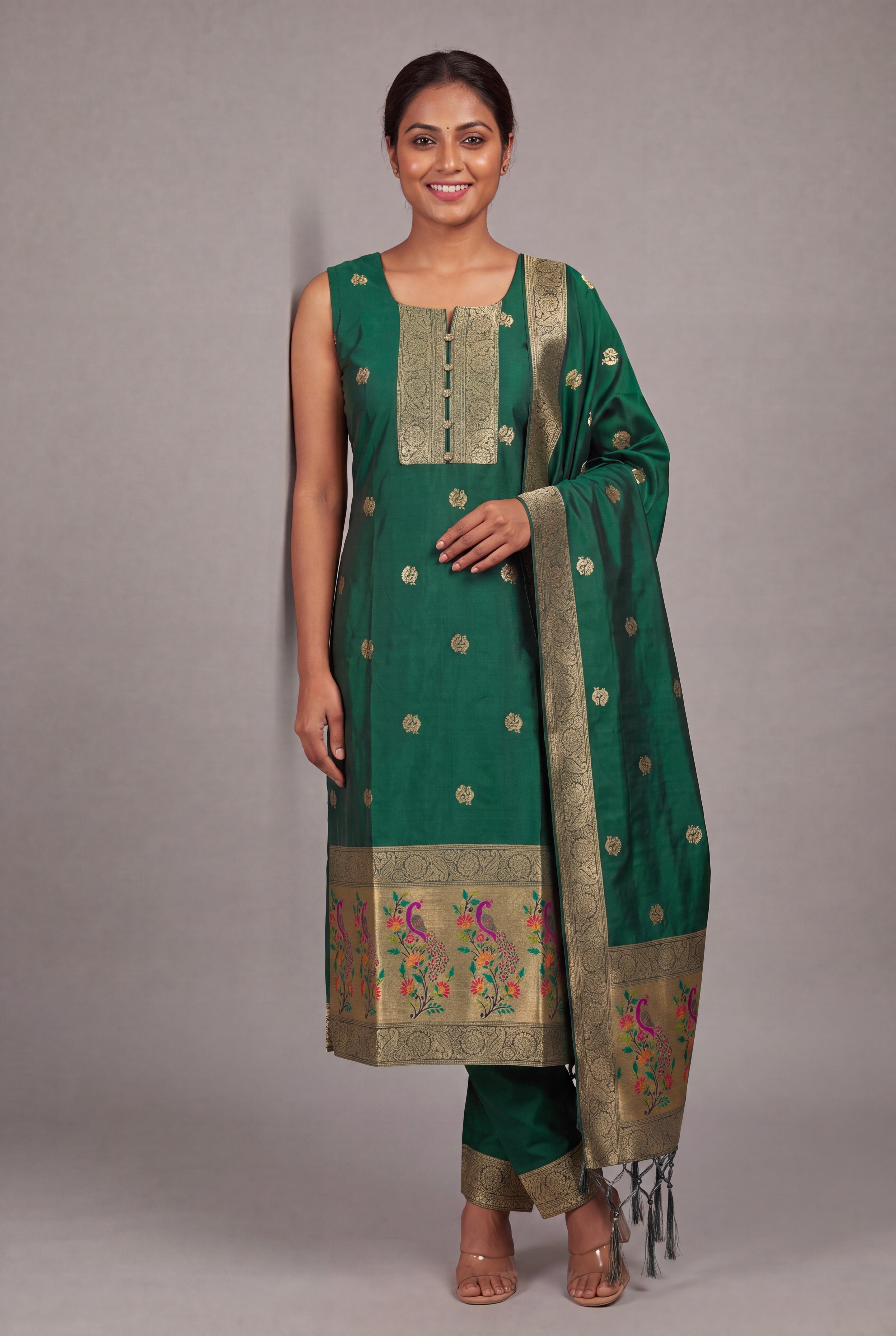 Bottle Green Soft Silk Paithani Suit Set with Resham threadwork