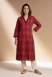 Brick Red Kurti with Black Ikkat Print