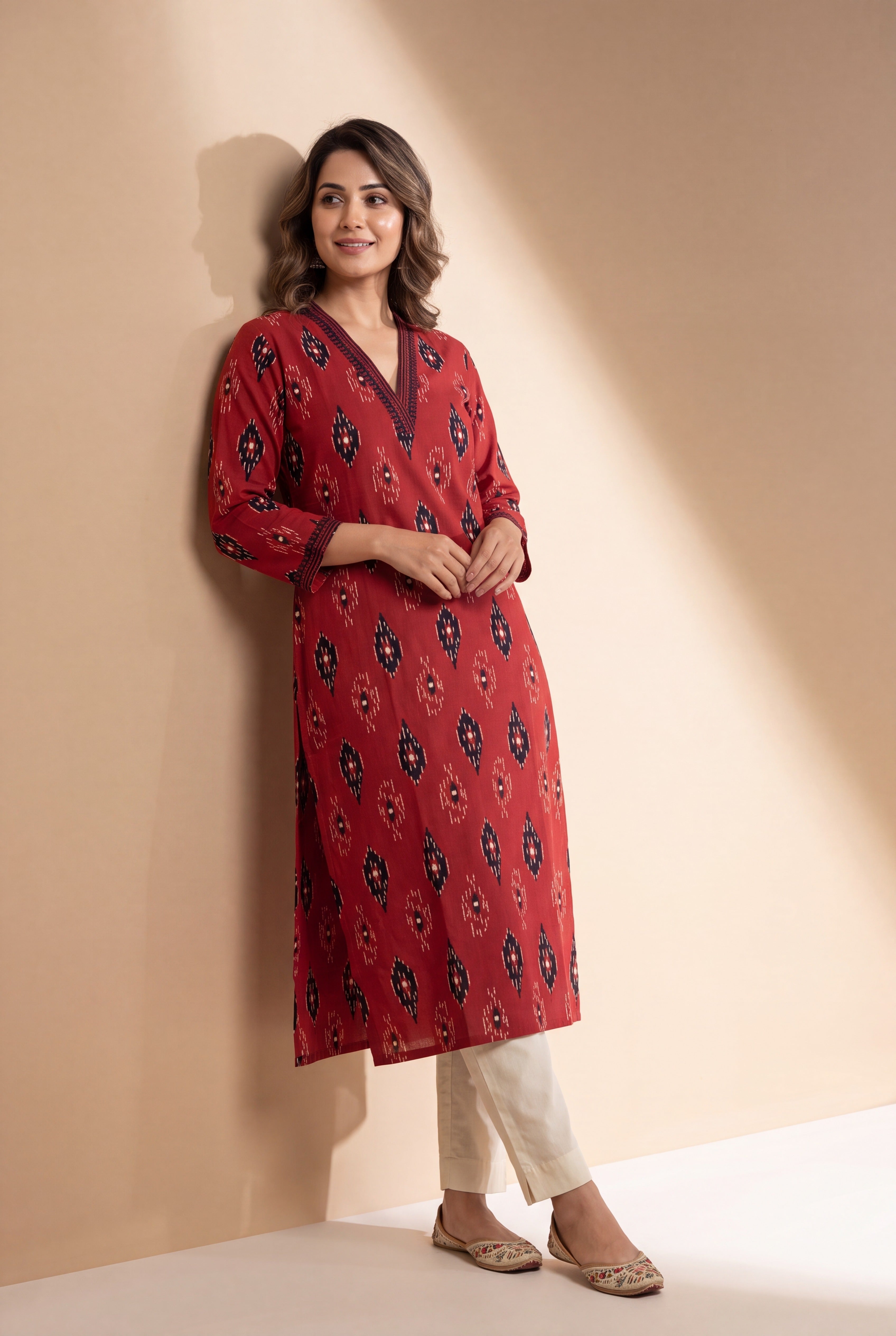 Brick Red Kurti with Black Ikkat Print