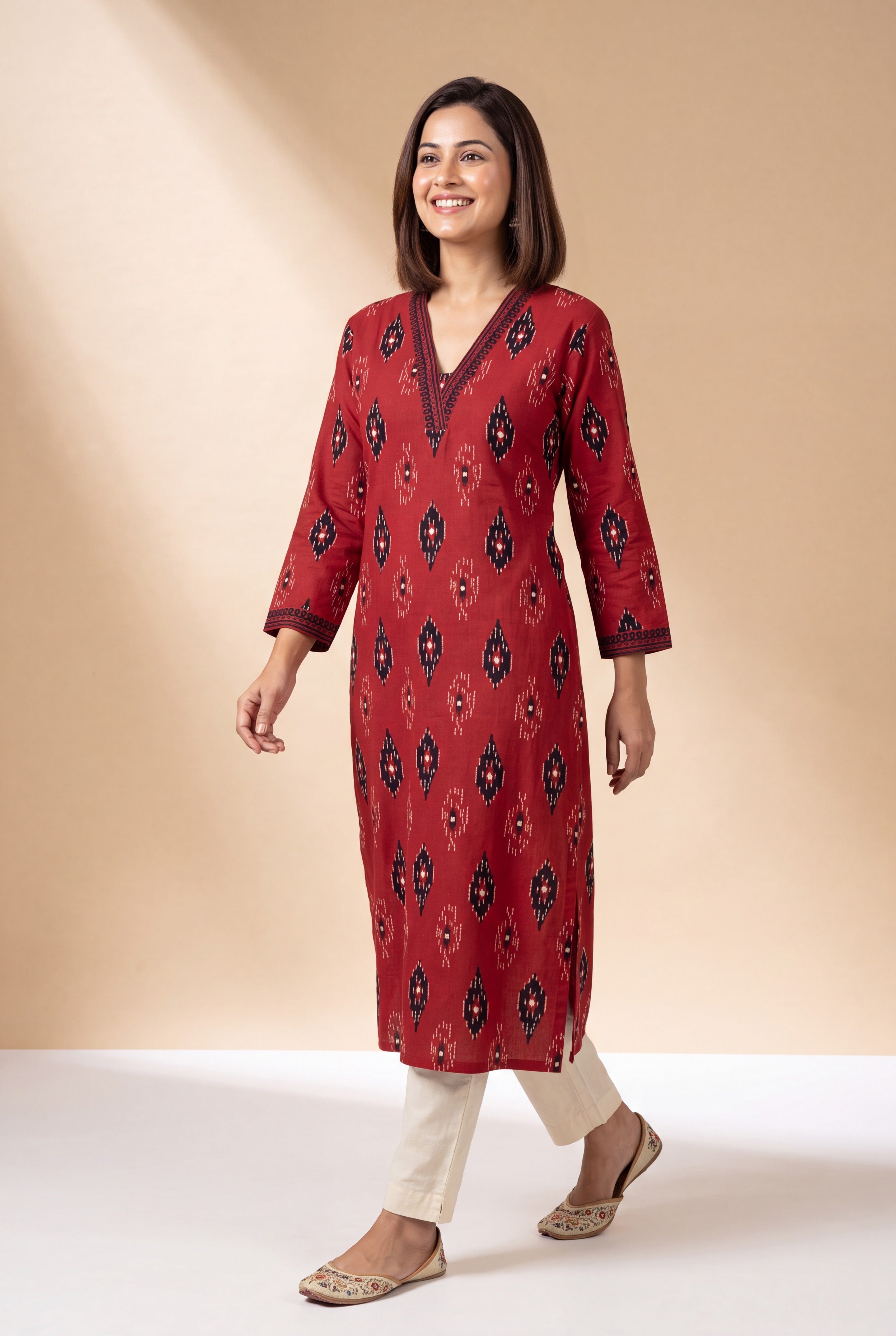 Brick Red Kurti with Black Ikkat Print
