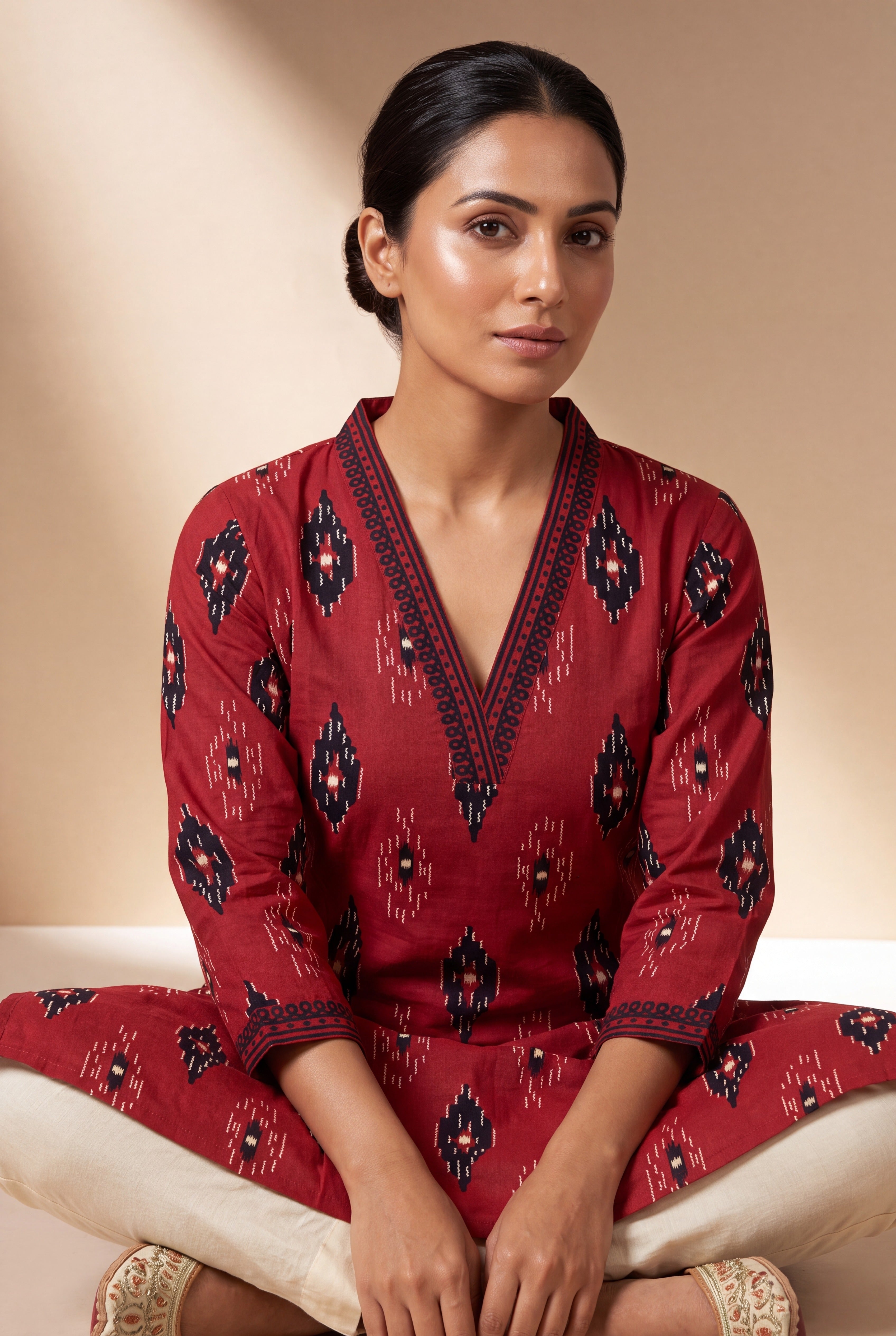 Brick Red Kurti with Black Ikkat Print