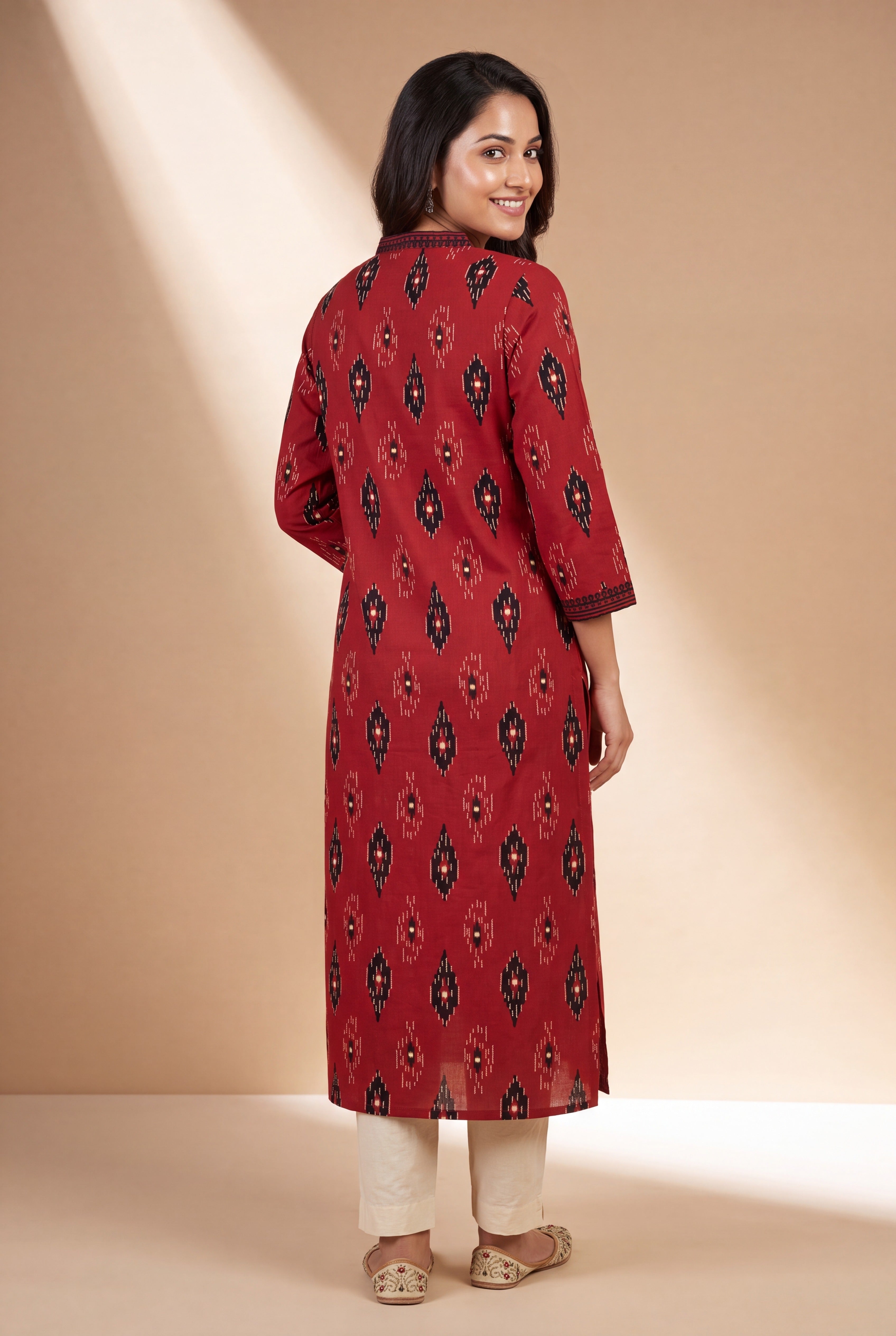 Brick Red Kurti with Black Ikkat Print