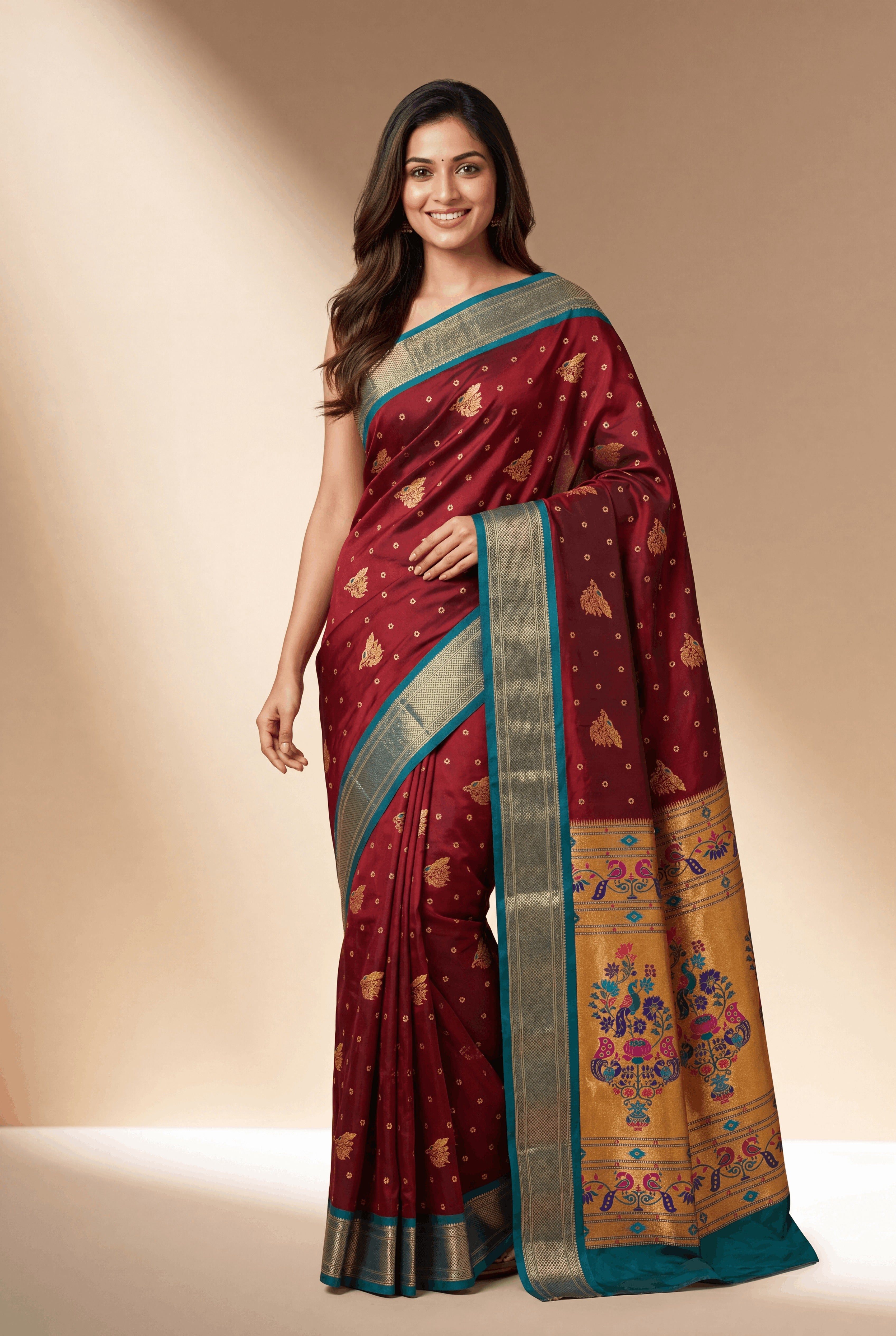 Burgundy Apurva Silk Paithani Saree with Rama Meenakari butti