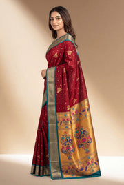 Burgundy Apurva Silk Paithani Saree with Rama Meenakari butti