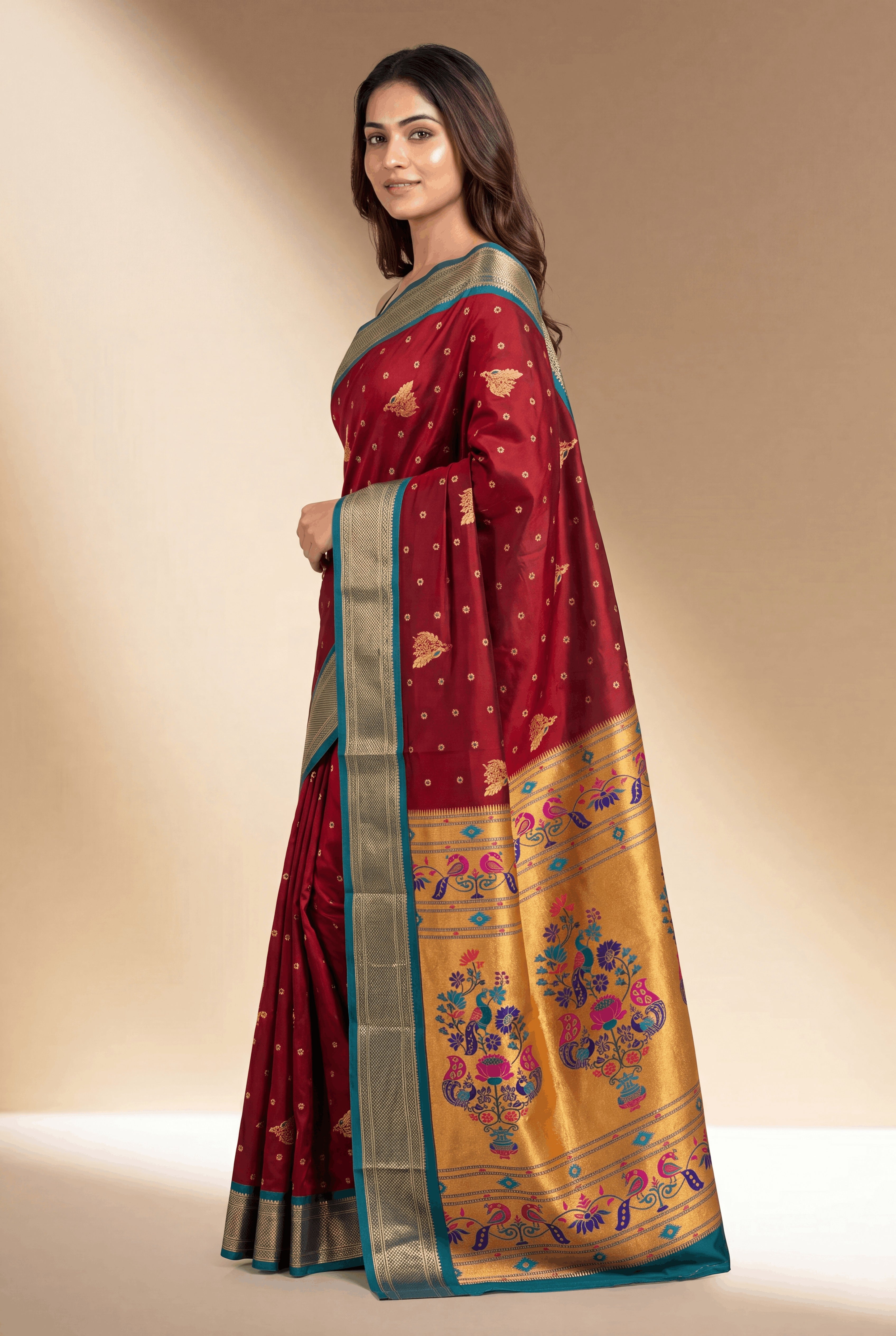 Burgundy Apurva Silk Paithani Saree with Rama Meenakari butti