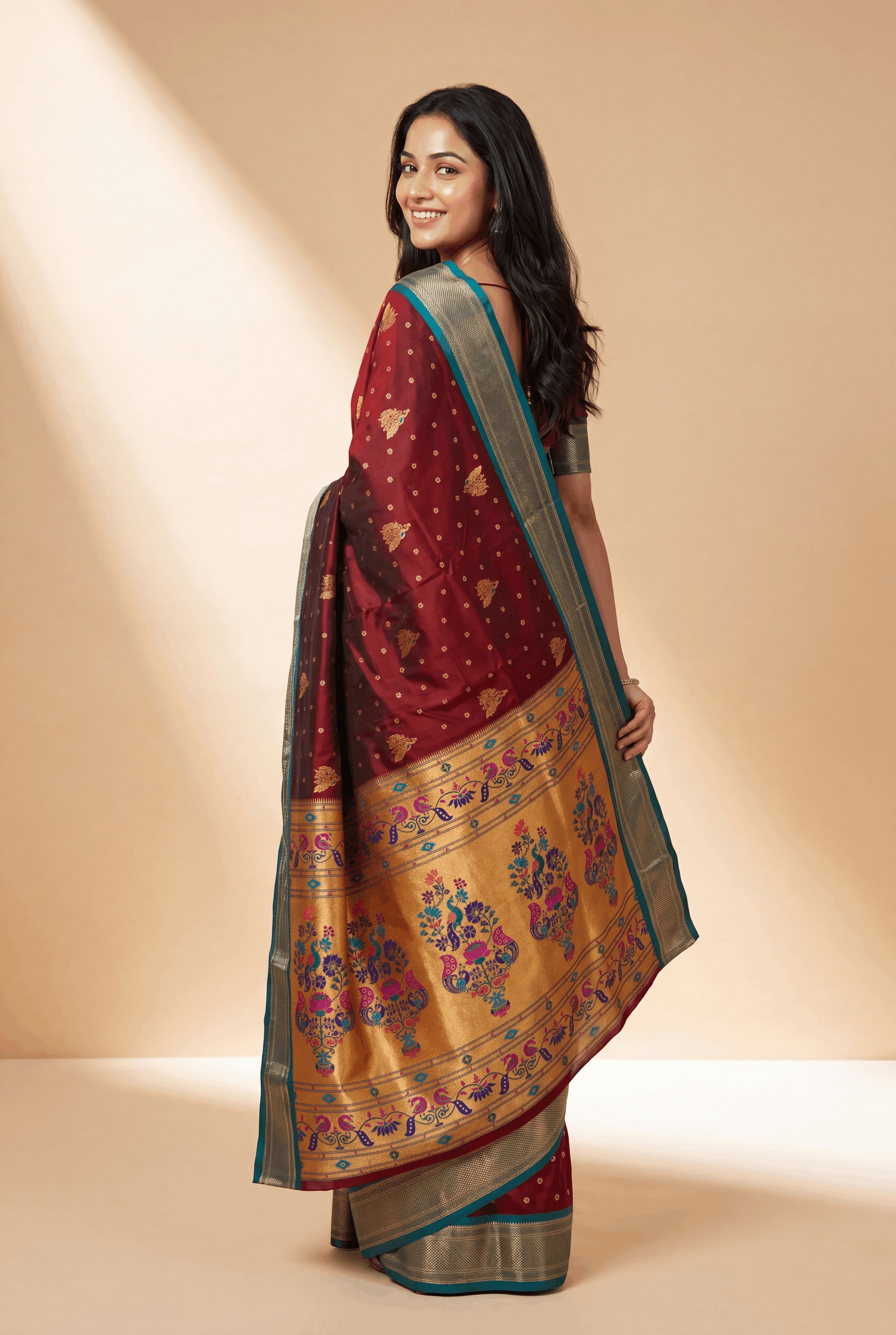Burgundy Apurva Silk Paithani Saree with Rama Meenakari butti