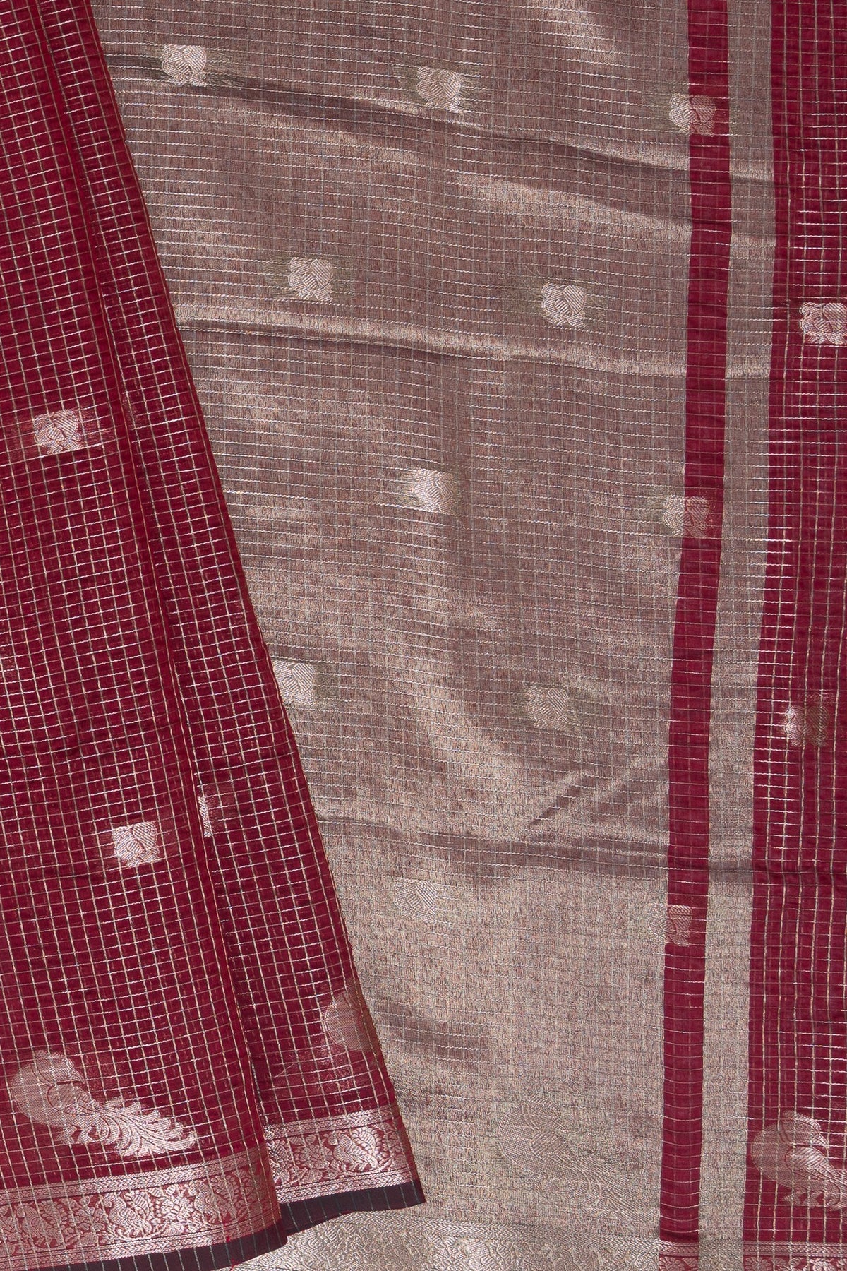 Burgundy Red Chanderi Silk Checks Paithani Saree with Gold Mayur Butti & Traditional Zari Pallu