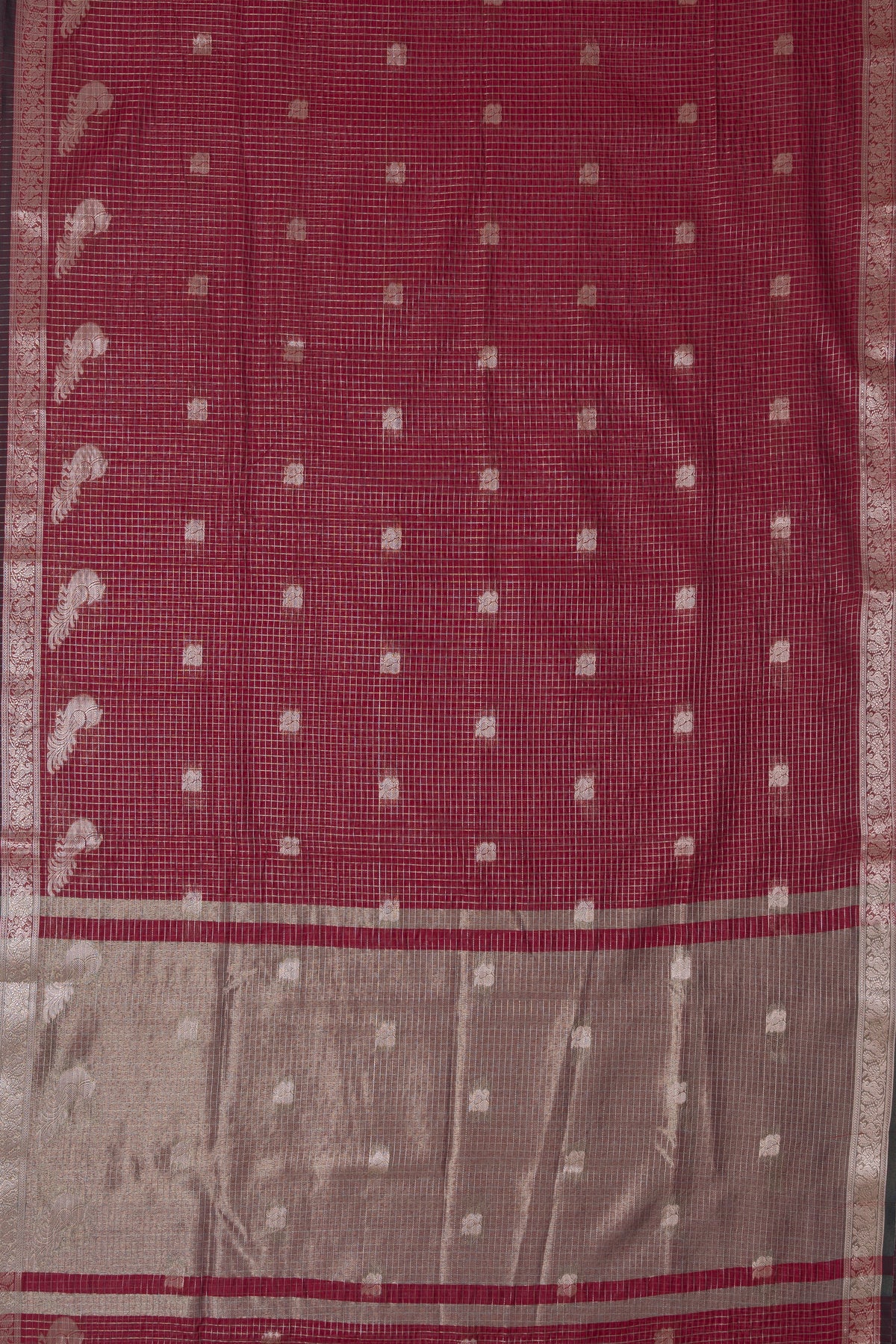 Burgundy Red Chanderi Silk Checks Paithani Saree with Gold Mayur Butti & Traditional Zari Pallu