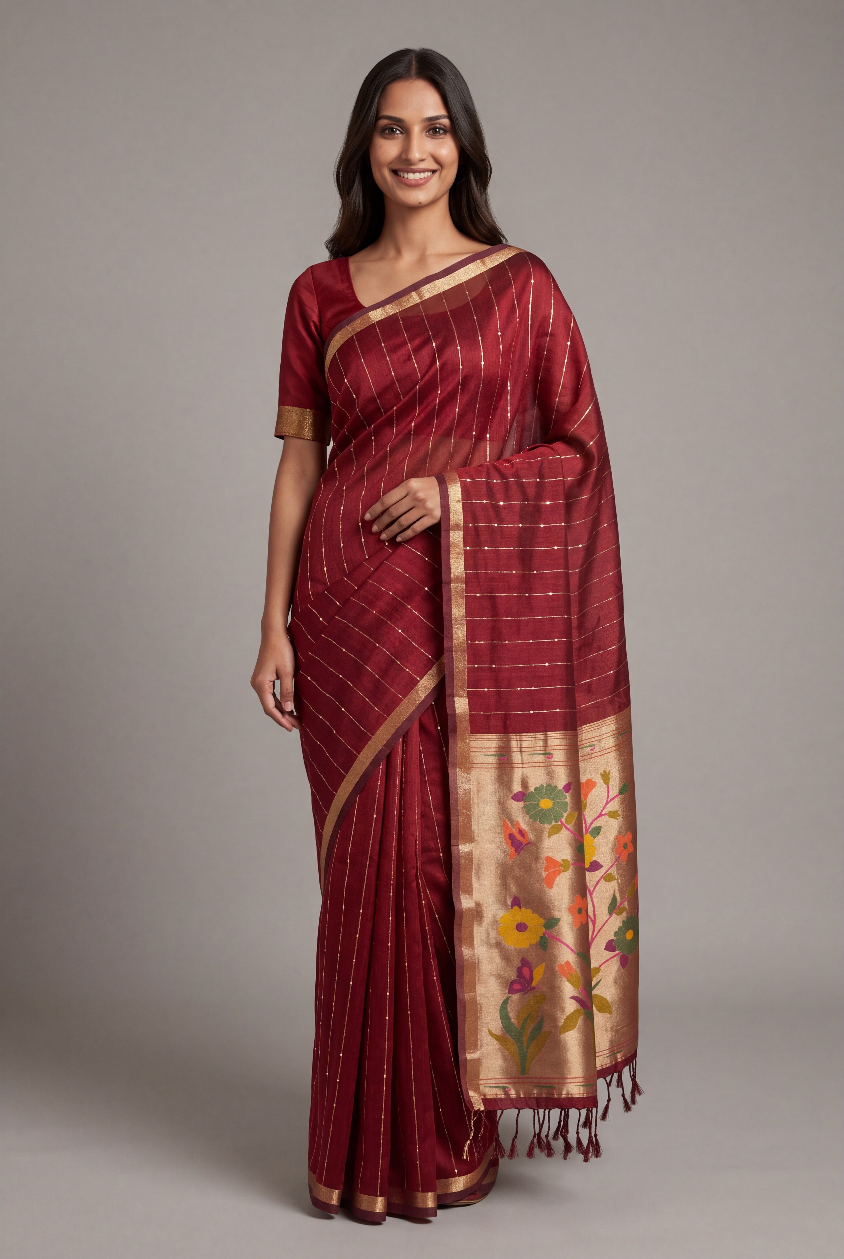 Burgundy Red Jamdhani Cotton Paithani Saree with Zari Stripes and Sequins work