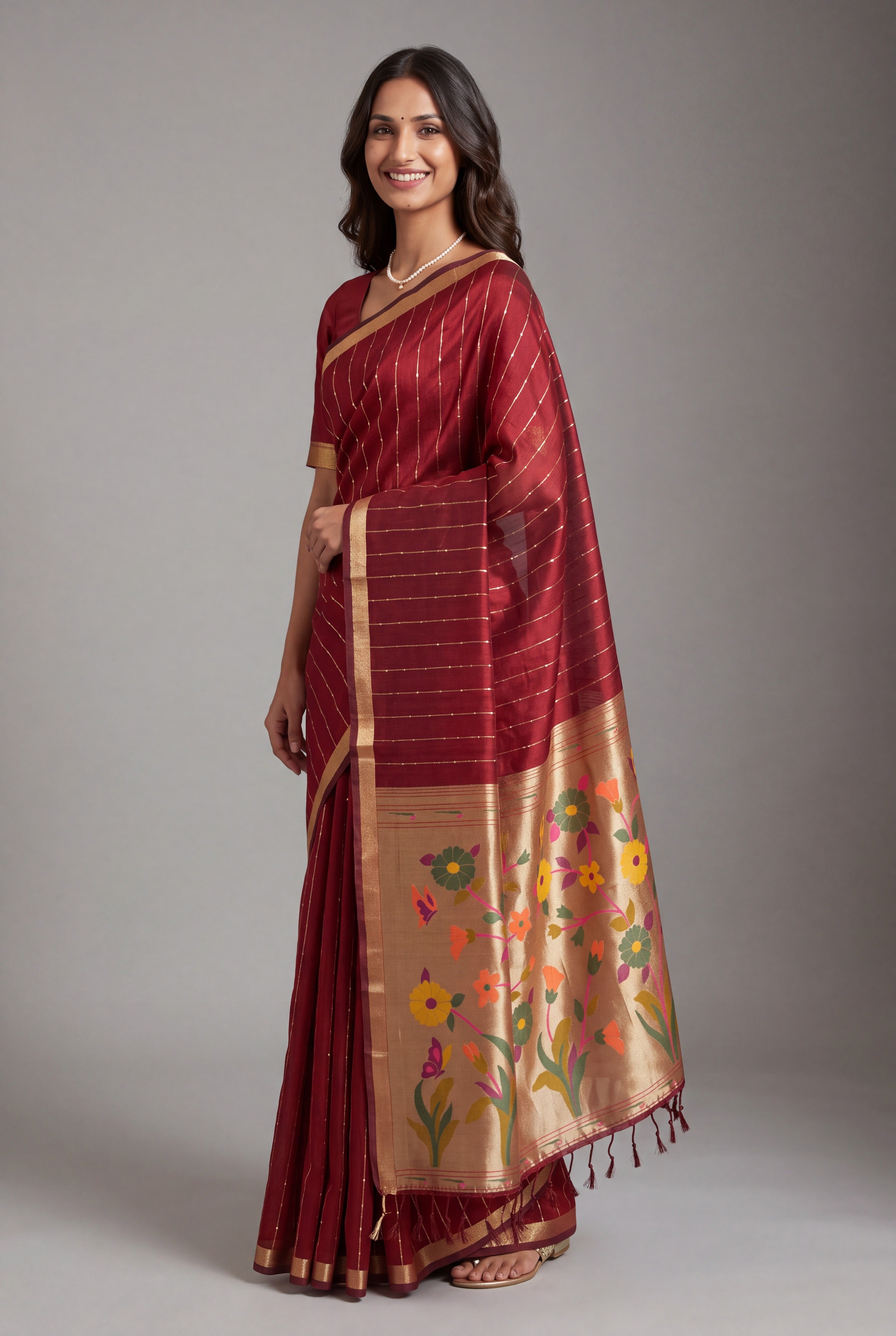 Burgundy Red Jamdhani Cotton Paithani Saree with Zari Stripes and Sequins work
