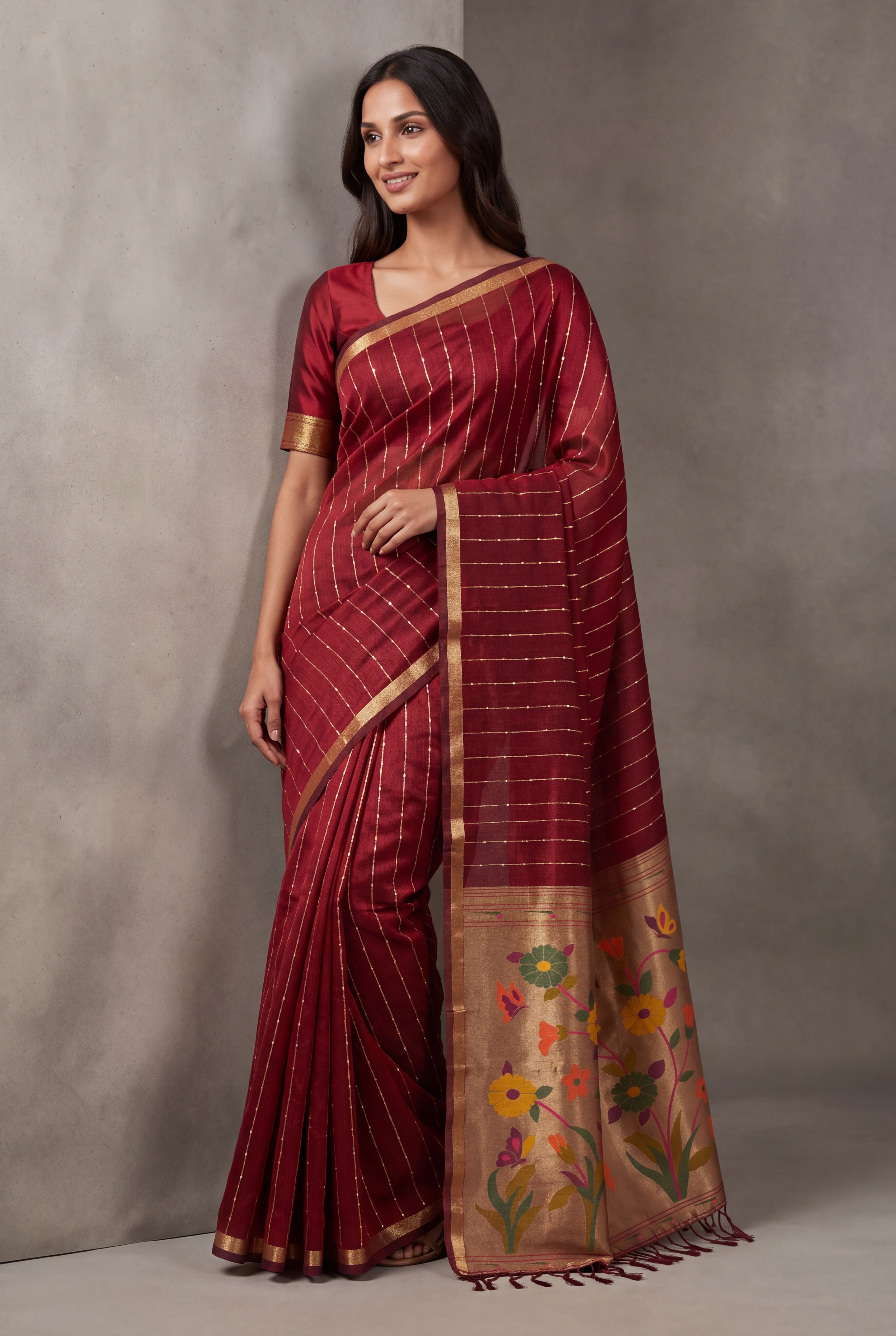 Burgundy Red Jamdhani Cotton Paithani Saree with Zari Stripes and Sequins work