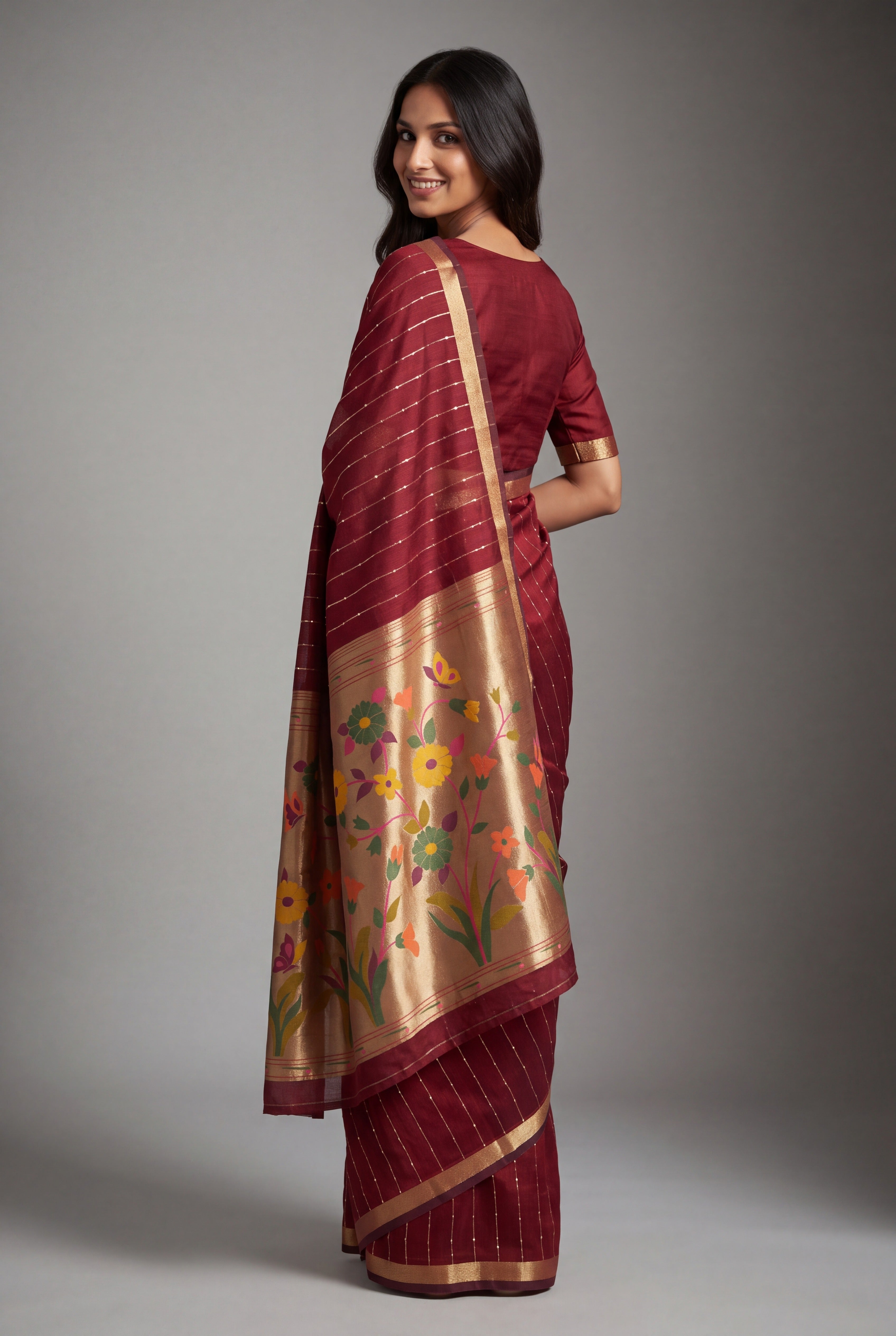 Burgundy Red Jamdhani Cotton Paithani Saree with Zari Stripes and Sequins work