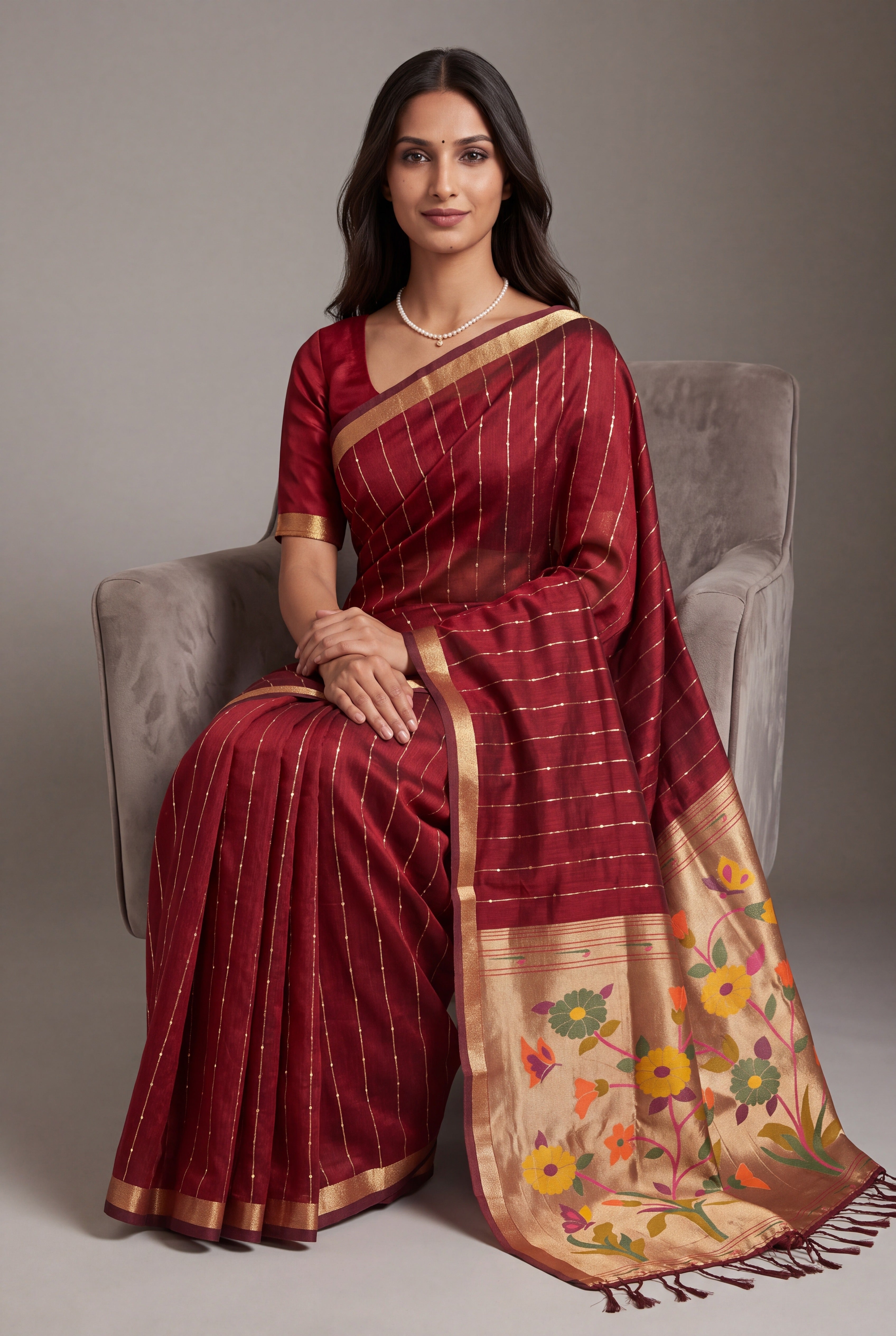 Burgundy Red Jamdhani Cotton Paithani Saree with Zari Stripes and Sequins work