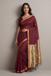 Burgundy Red Jamdhani Cotton Paithani Saree with Zari stripes