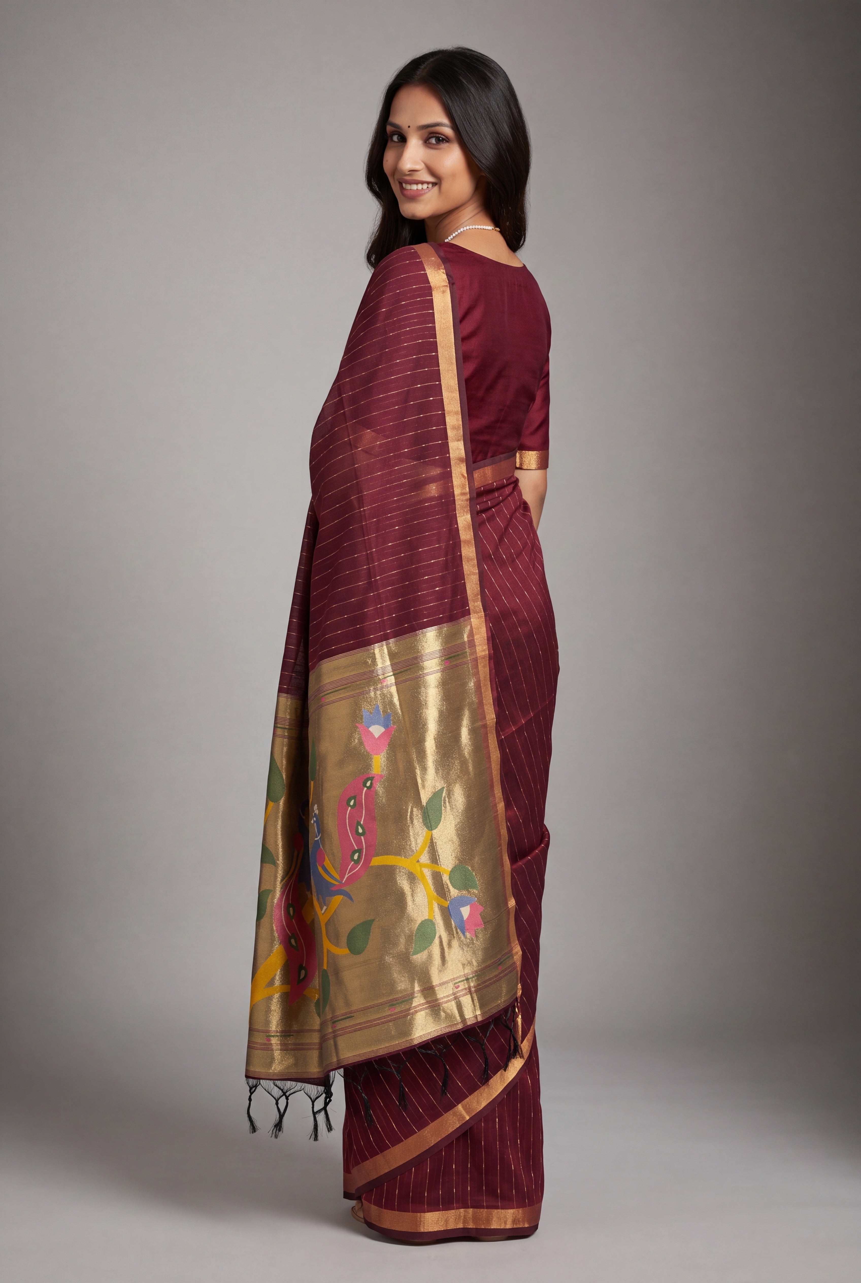 Burgundy Red Jamdhani Cotton Paithani Saree with Zari stripes