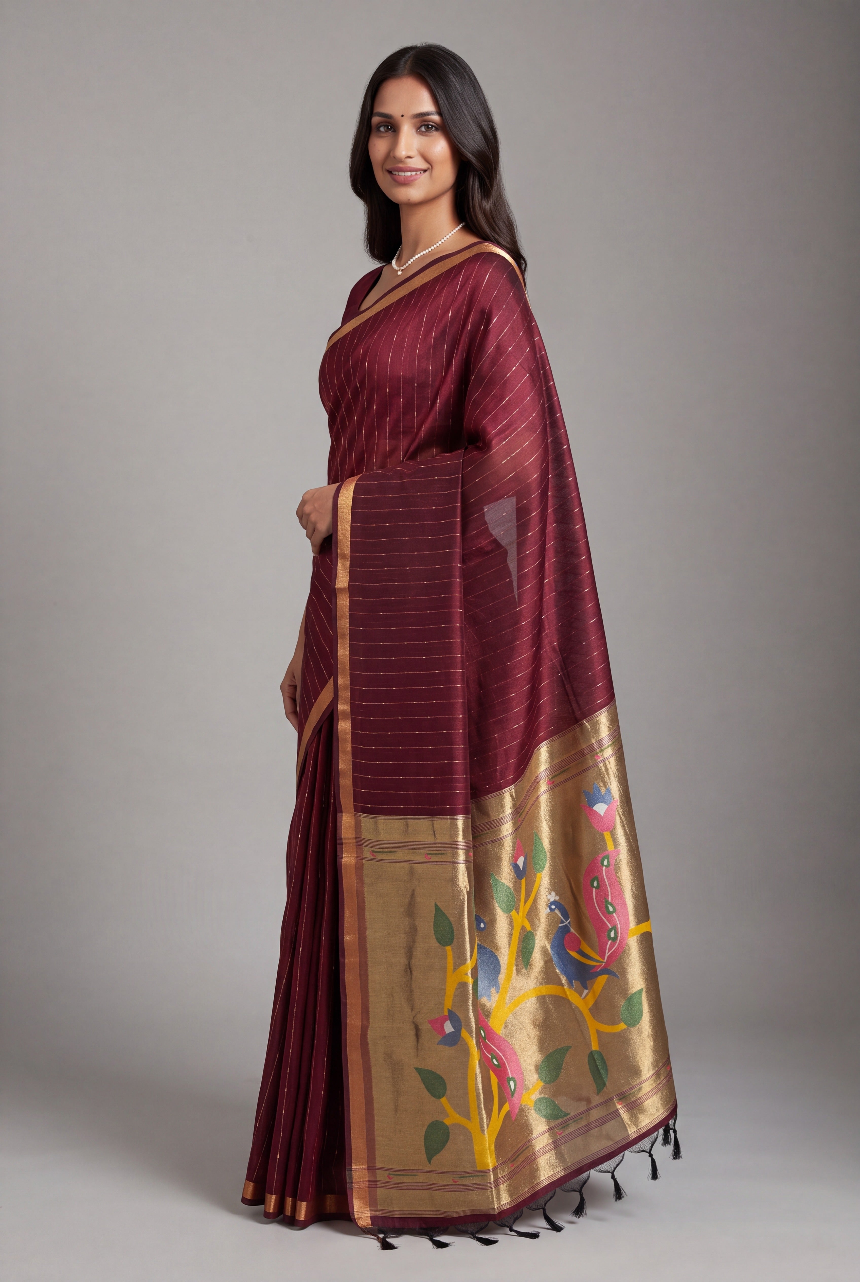 Burgundy Red Jamdhani Cotton Paithani Saree with Zari stripes