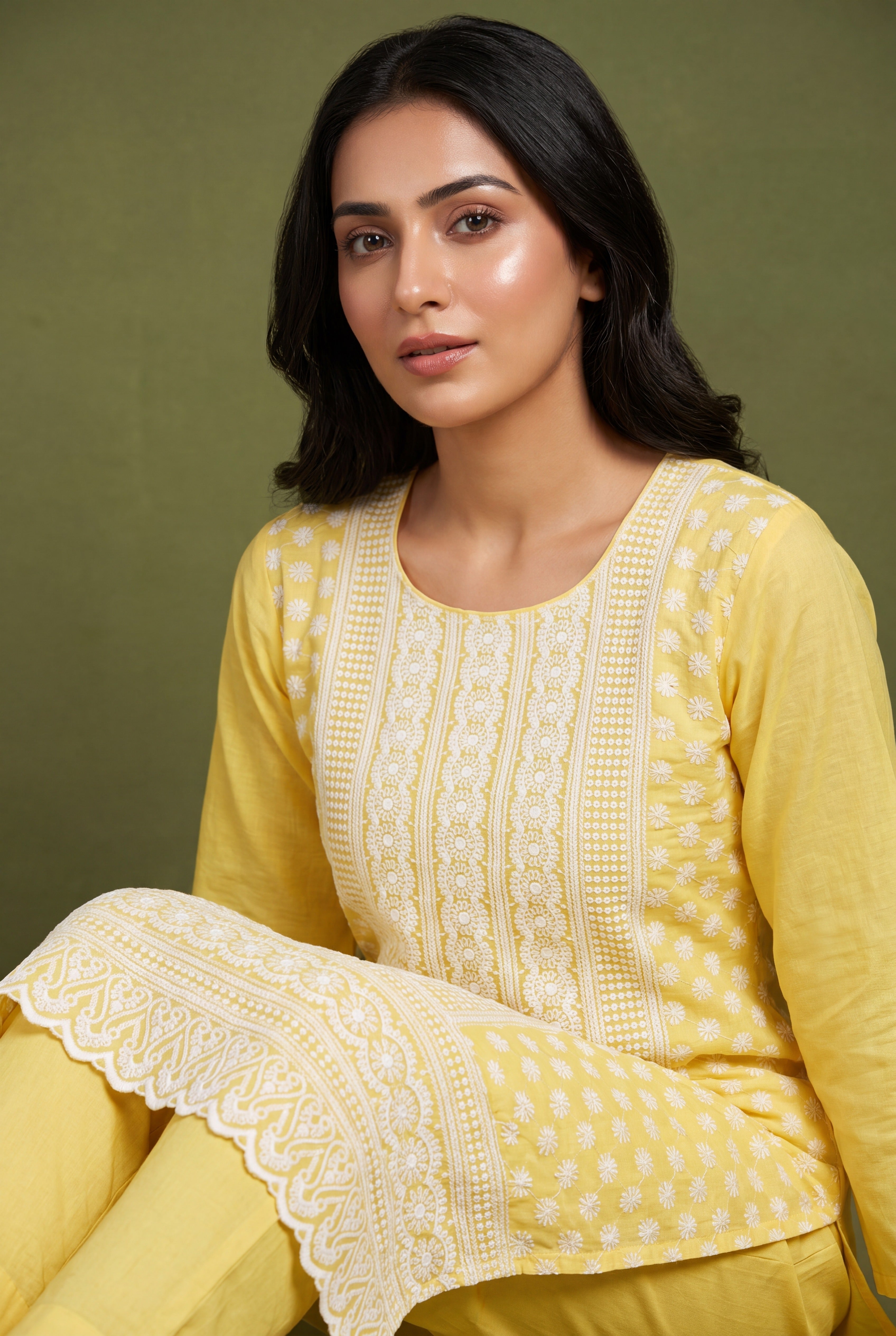 Butter Yellow Cotton Kurti with Chikankari Embroidary