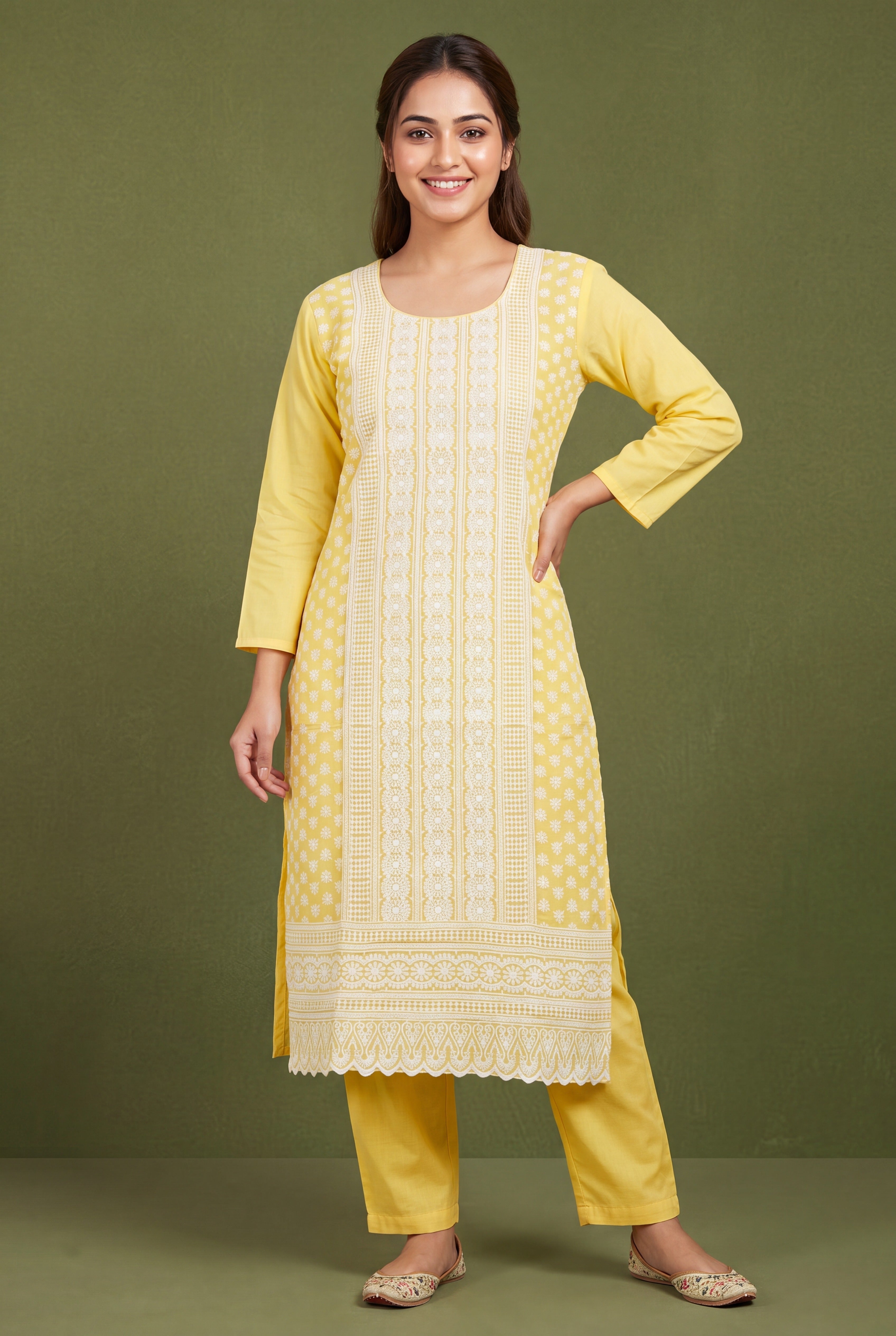 Butter Yellow Cotton Kurti with Chikankari Embroidary