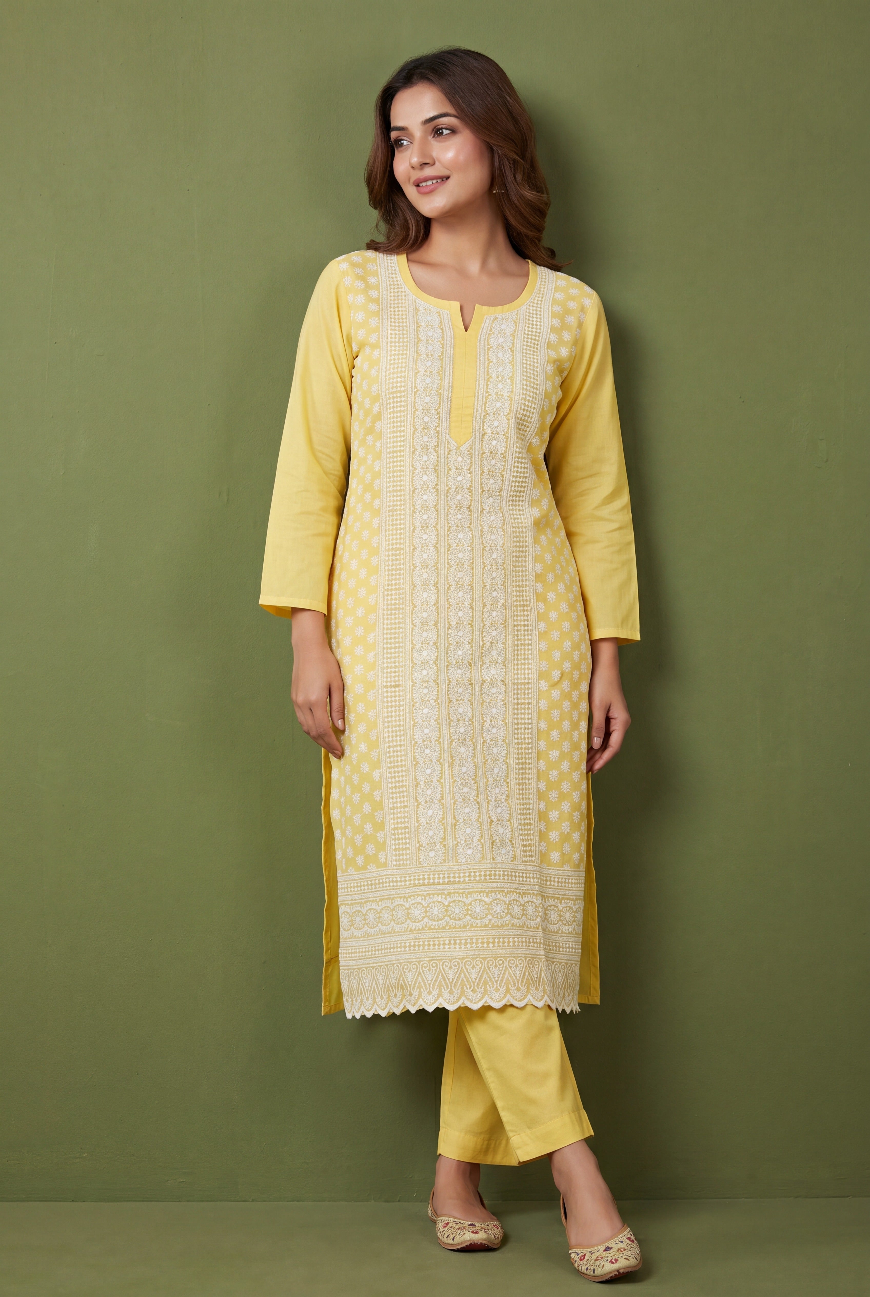 Butter Yellow Cotton Kurti with Chikankari Embroidary