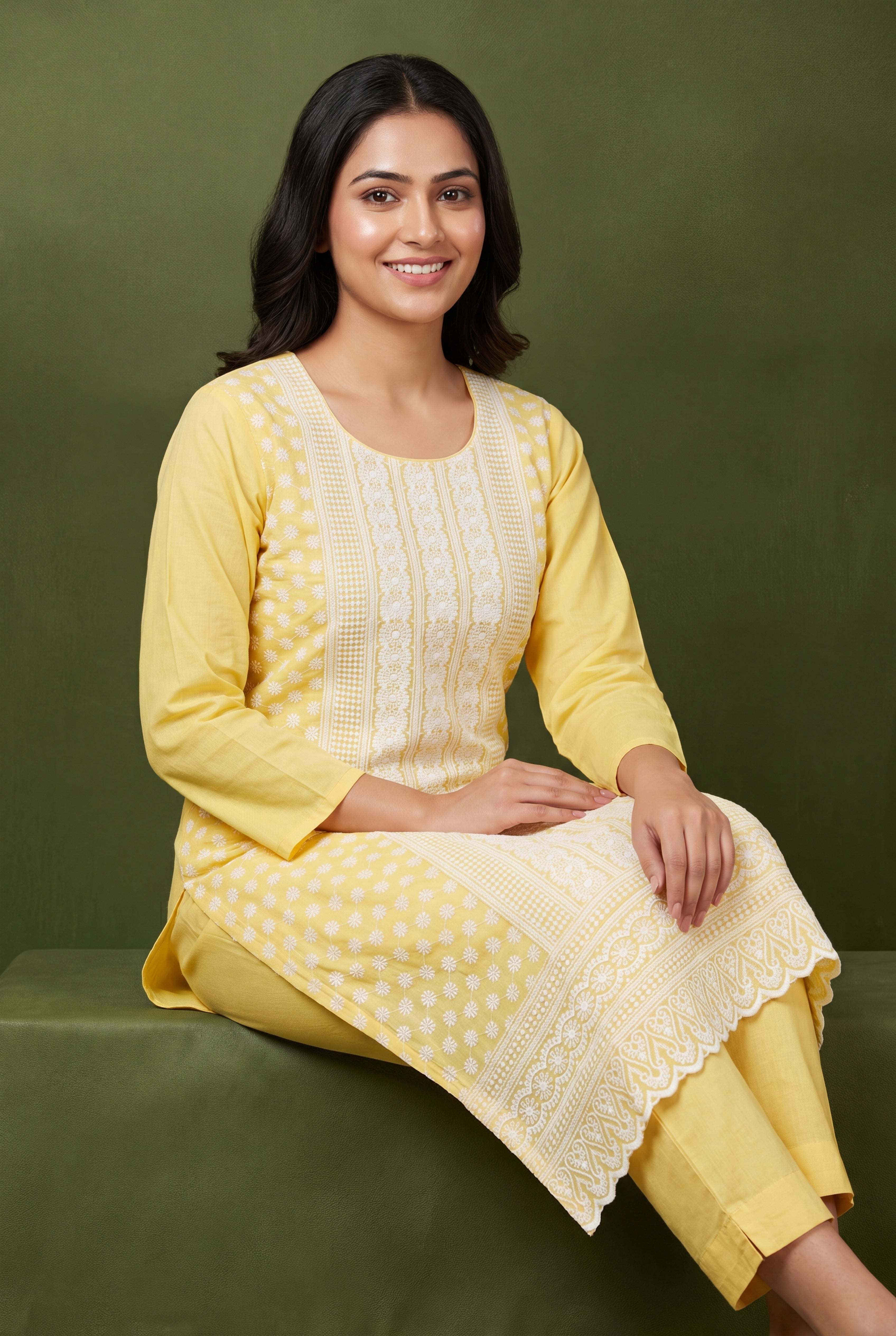 Butter Yellow Cotton Kurti with Chikankari Embroidary