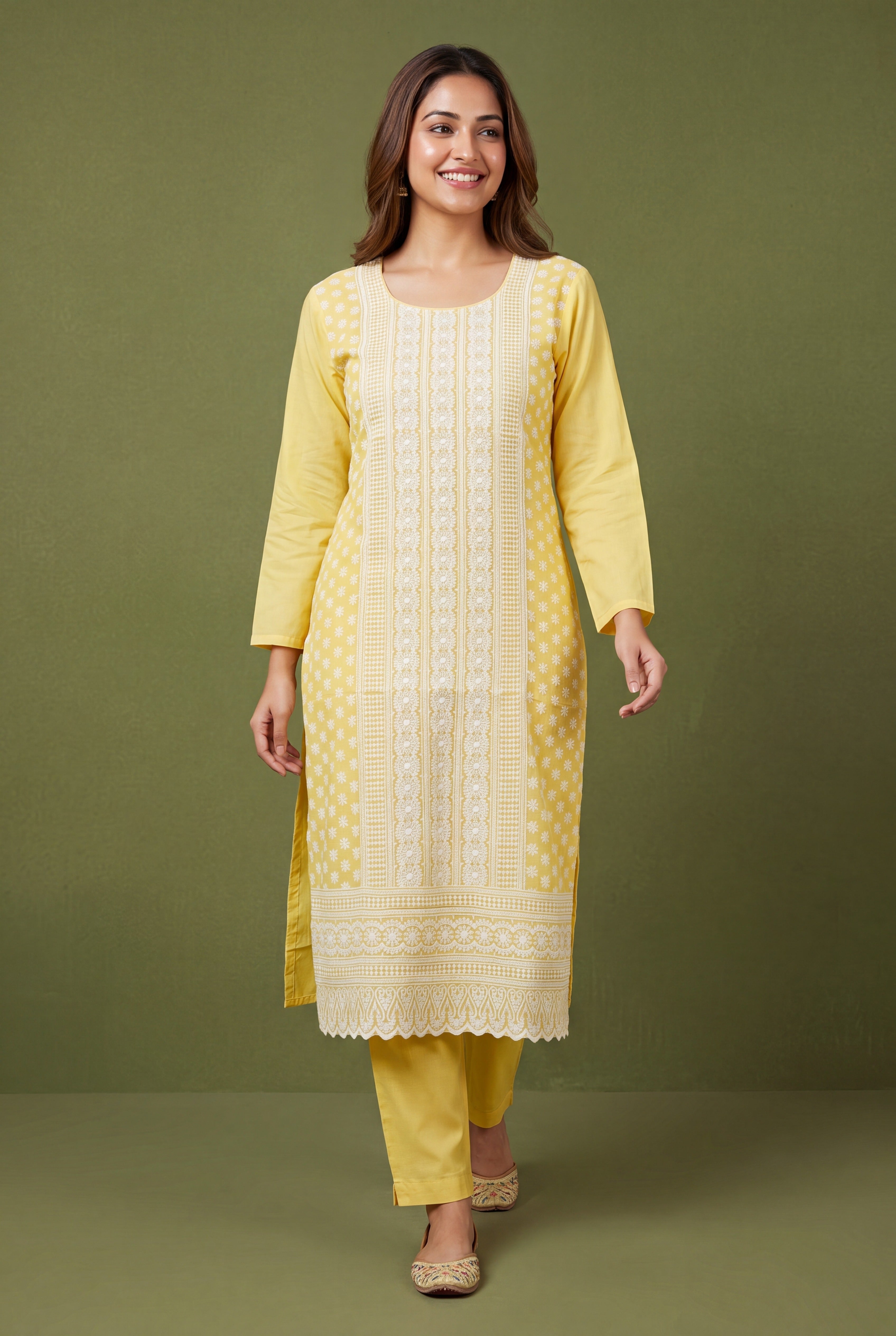 Butter Yellow Cotton Kurti with Chikankari Embroidary