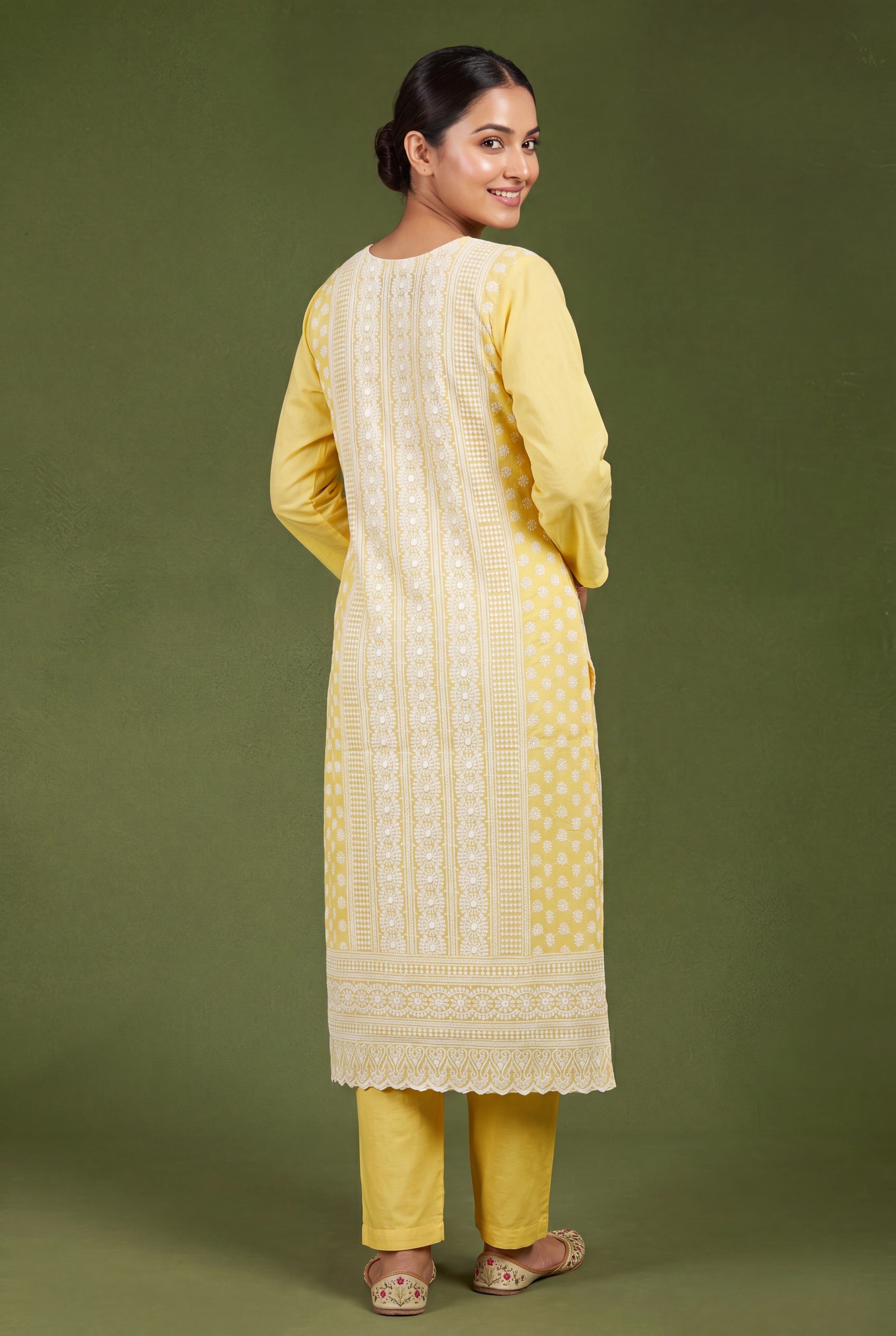 Butter Yellow Cotton Kurti with Chikankari Embroidary