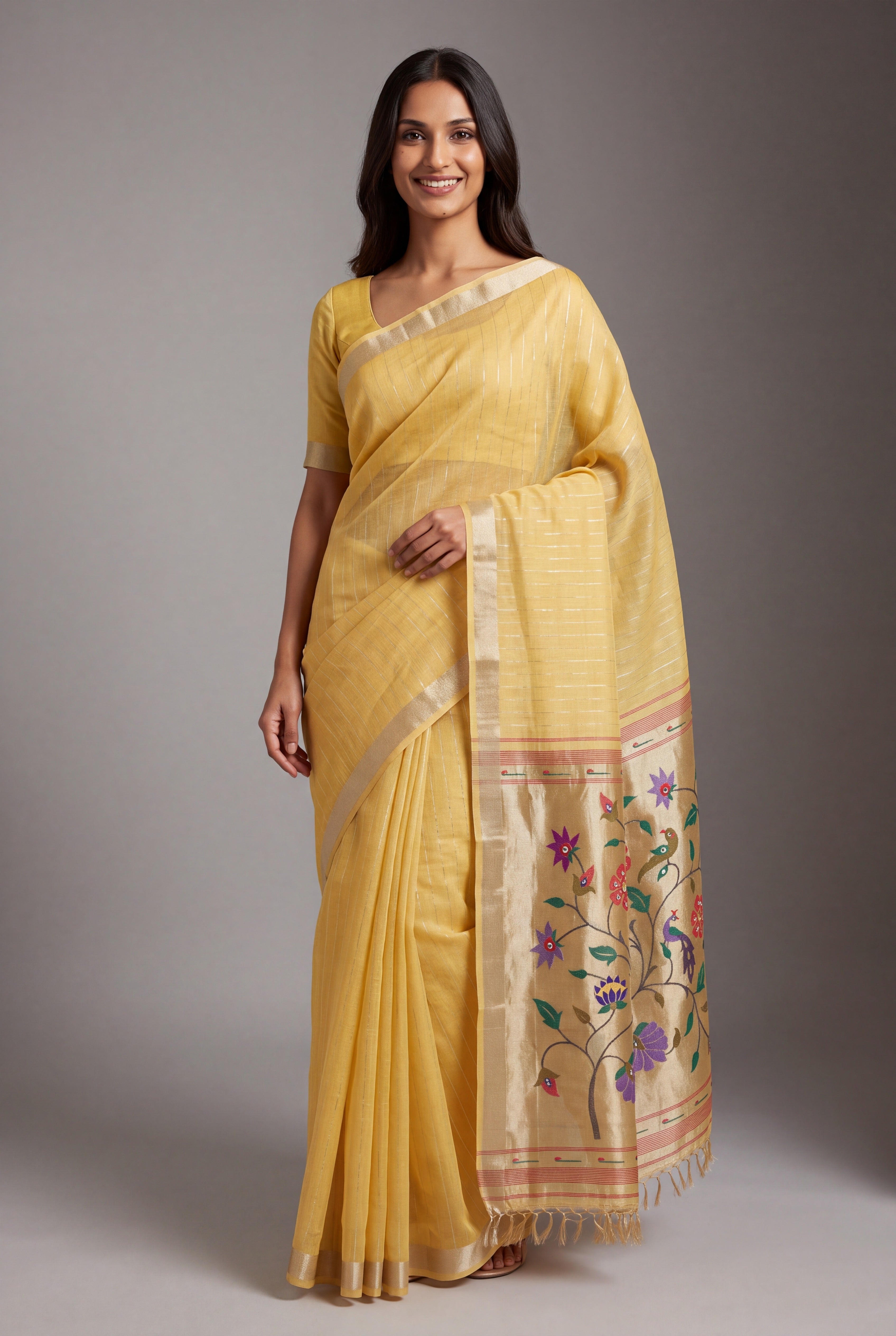 Butter Yellow Jamdhani Cotton Paithani Saree with Zari Stripes and Puṣpavallī Pallu