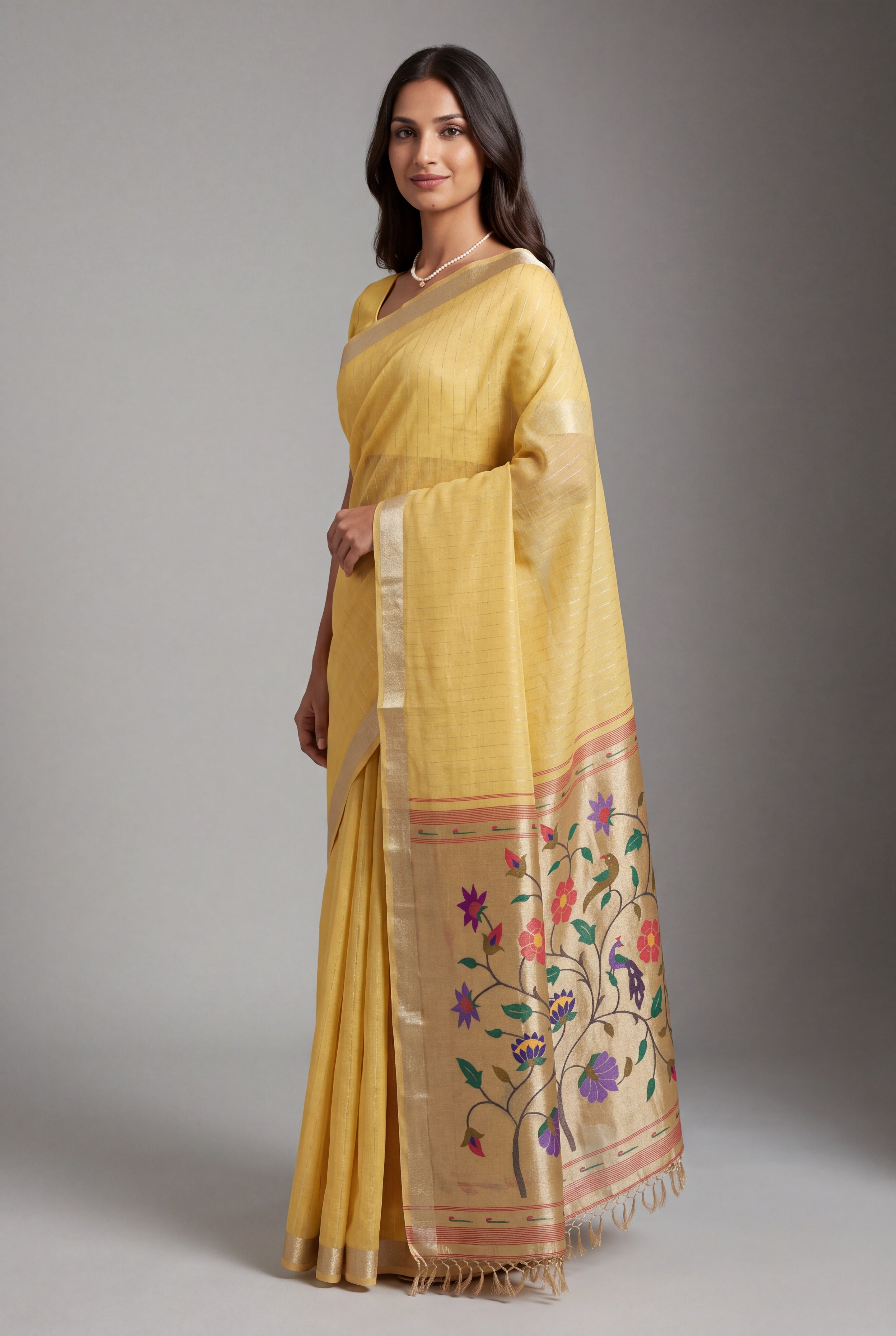 Butter Yellow Jamdhani Cotton Paithani Saree with Zari Stripes and Puṣpavallī Pallu