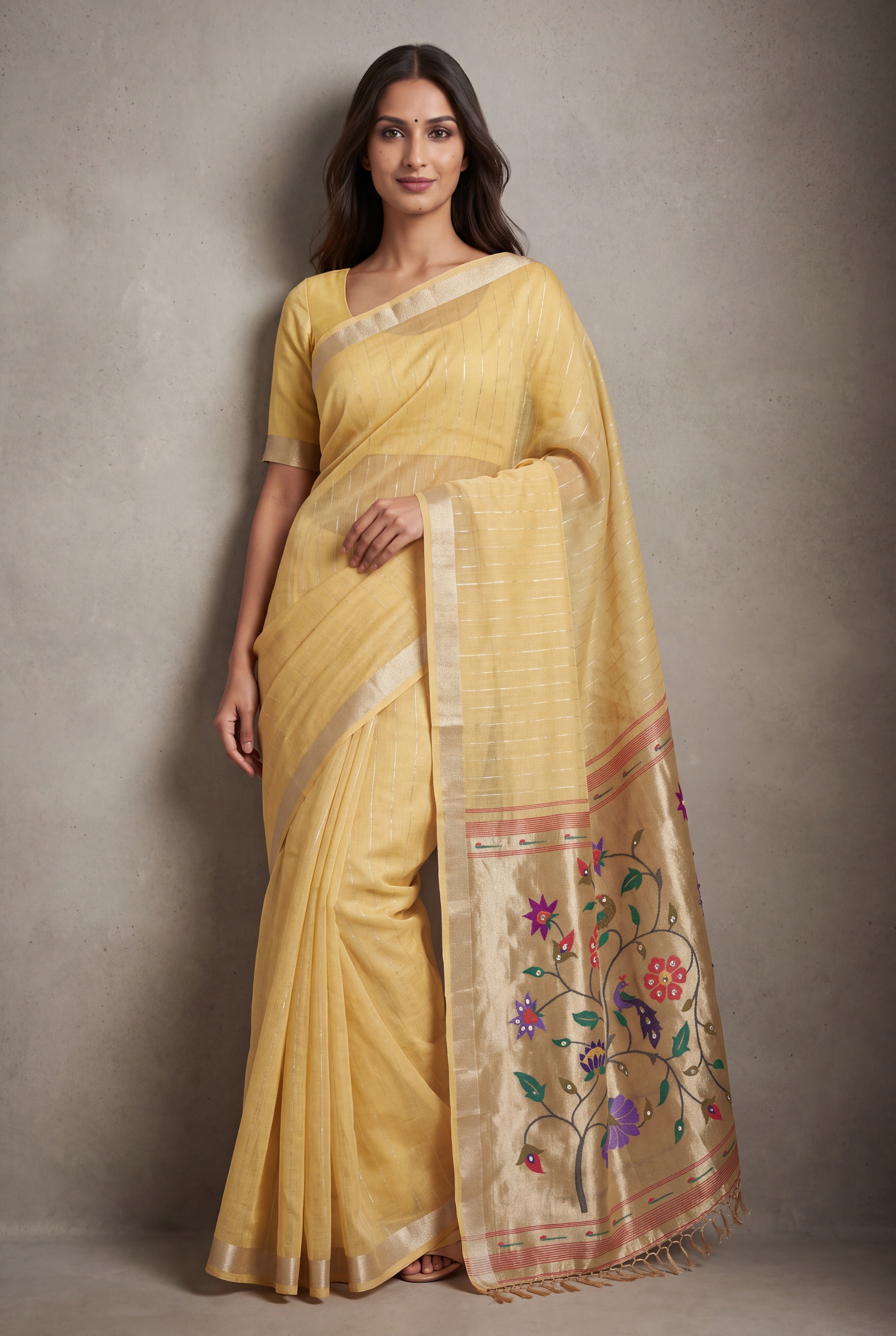 Butter Yellow Jamdhani Cotton Paithani Saree with Zari Stripes and Puṣpavallī Pallu