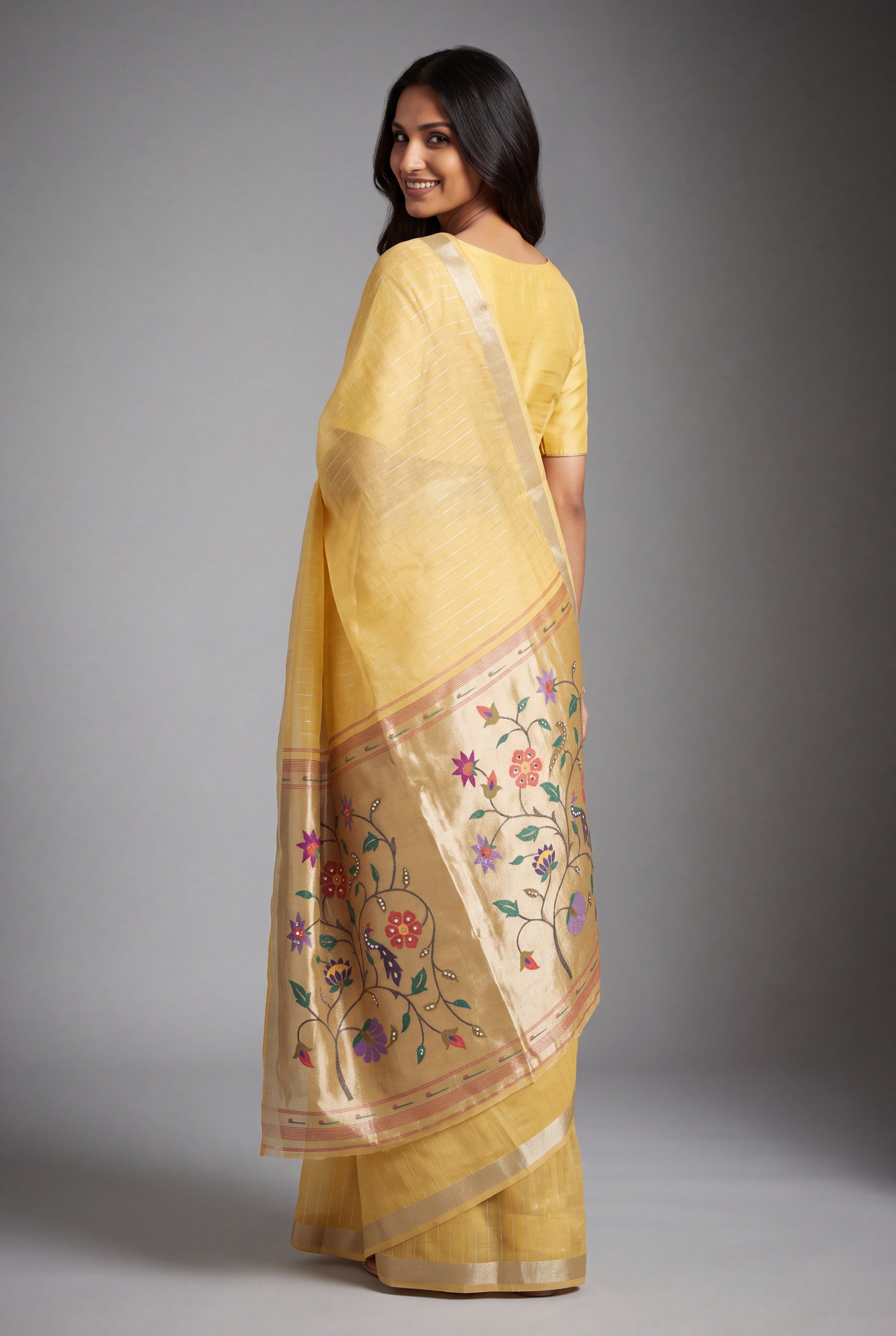 Butter Yellow Jamdhani Cotton Paithani Saree with Zari Stripes and Puṣpavallī Pallu