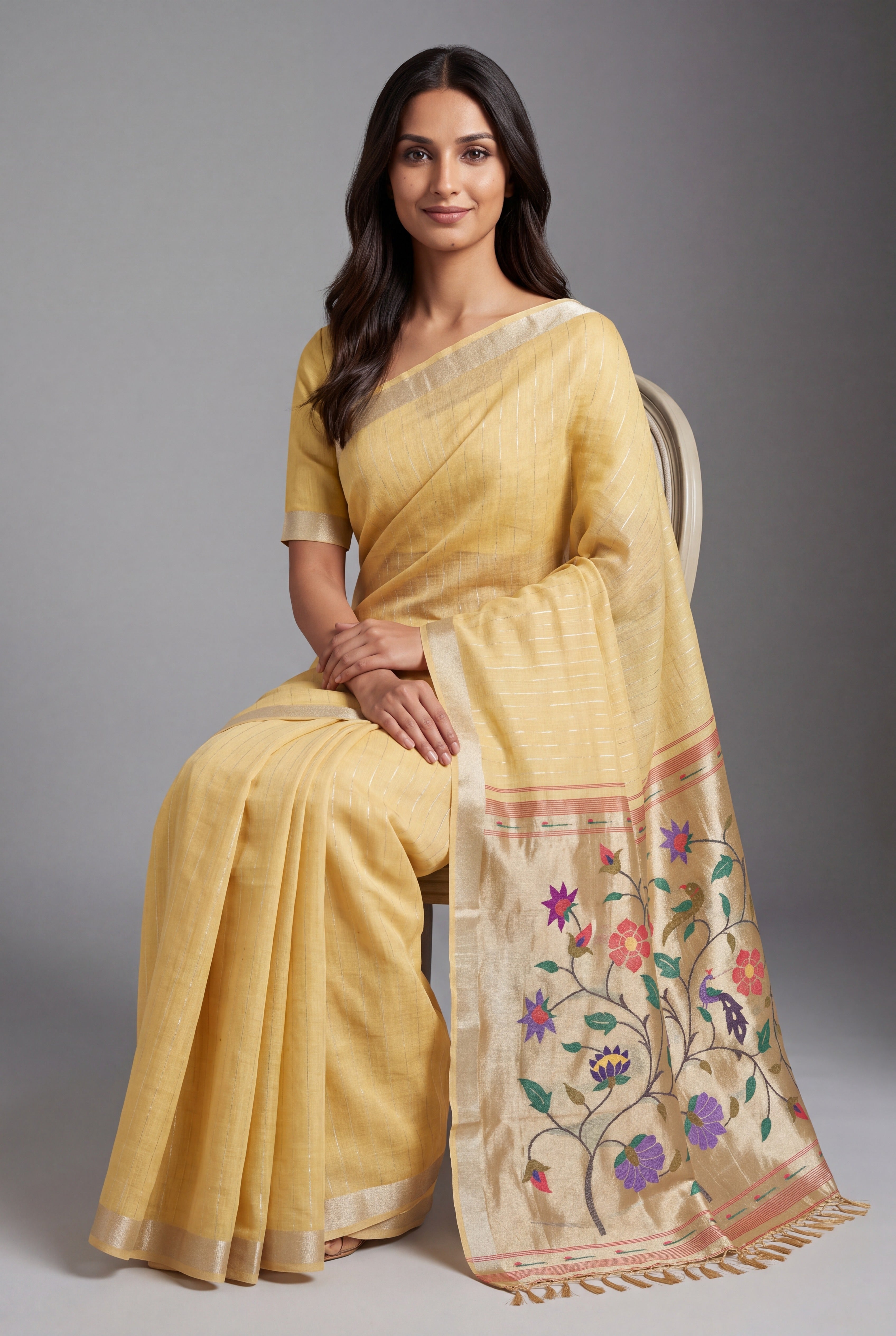 Butter Yellow Jamdhani Cotton Paithani Saree with Zari Stripes and Puṣpavallī Pallu