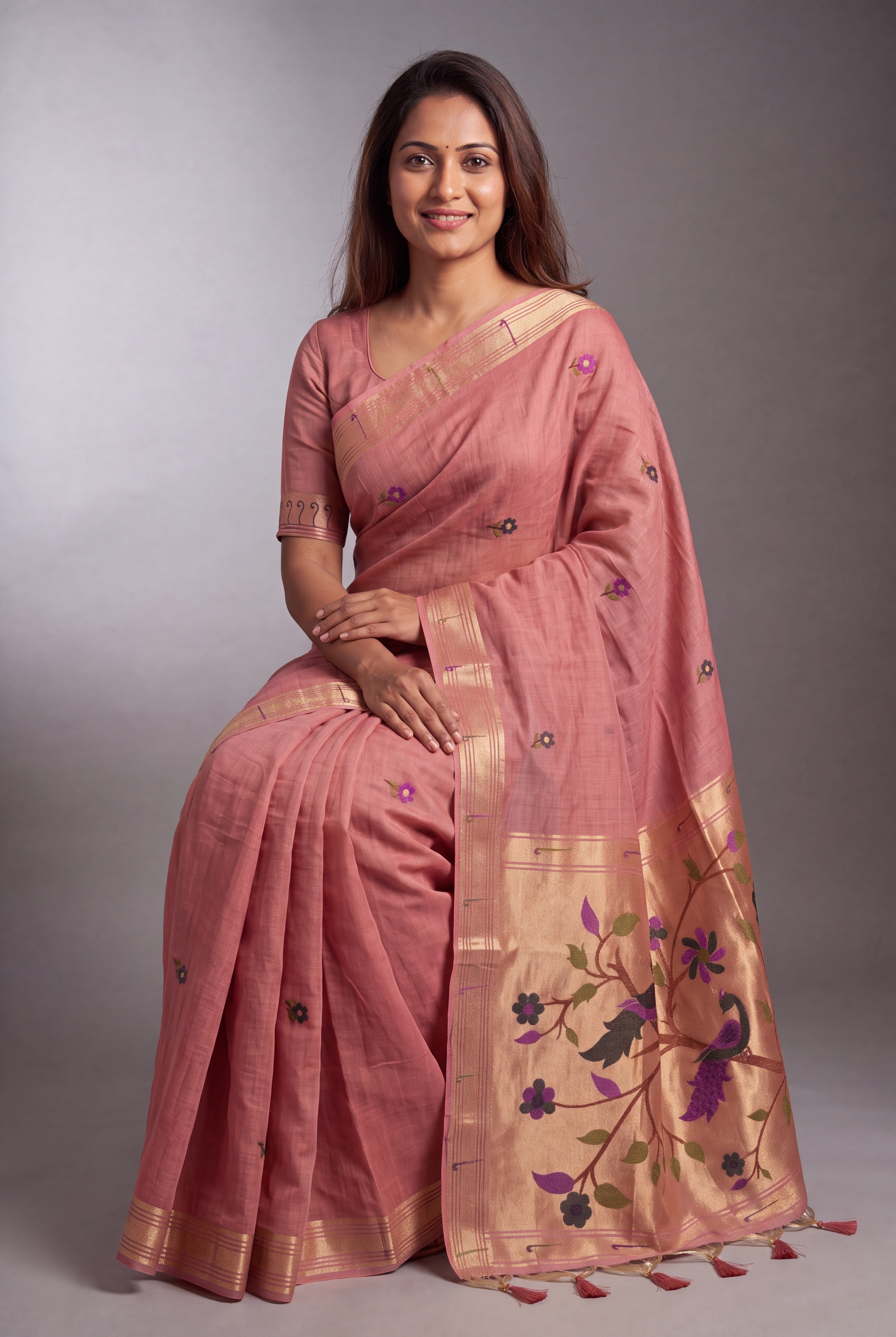 Carrot Pink Jamdhani Cotton Saree with Adbhuta Mayūra Pallu