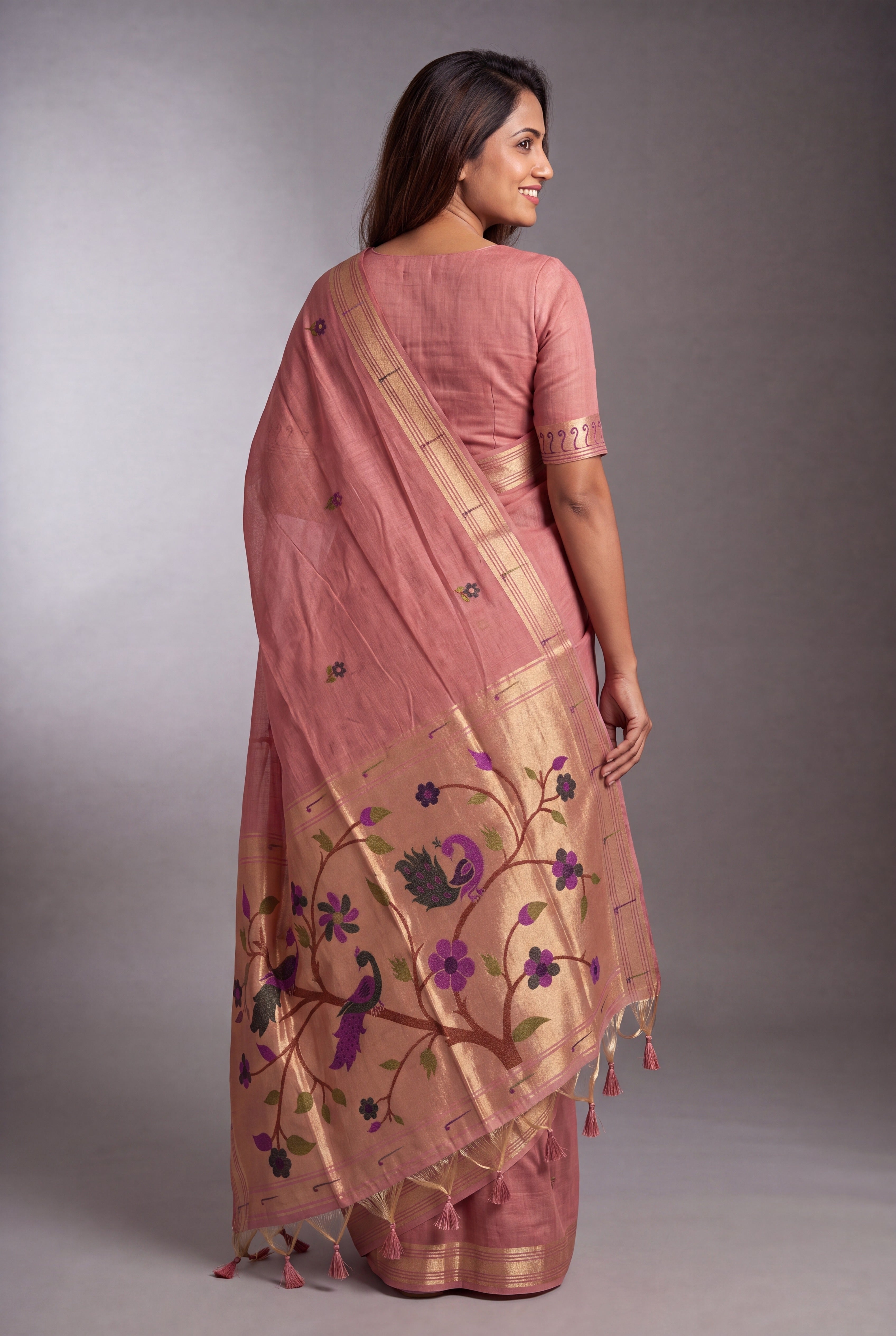 Carrot Pink Jamdhani Cotton Saree with Adbhuta Mayūra Pallu