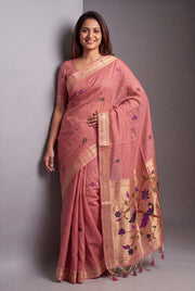 Carrot Pink Jamdhani Cotton Saree with Adbhuta Mayūra Pallu