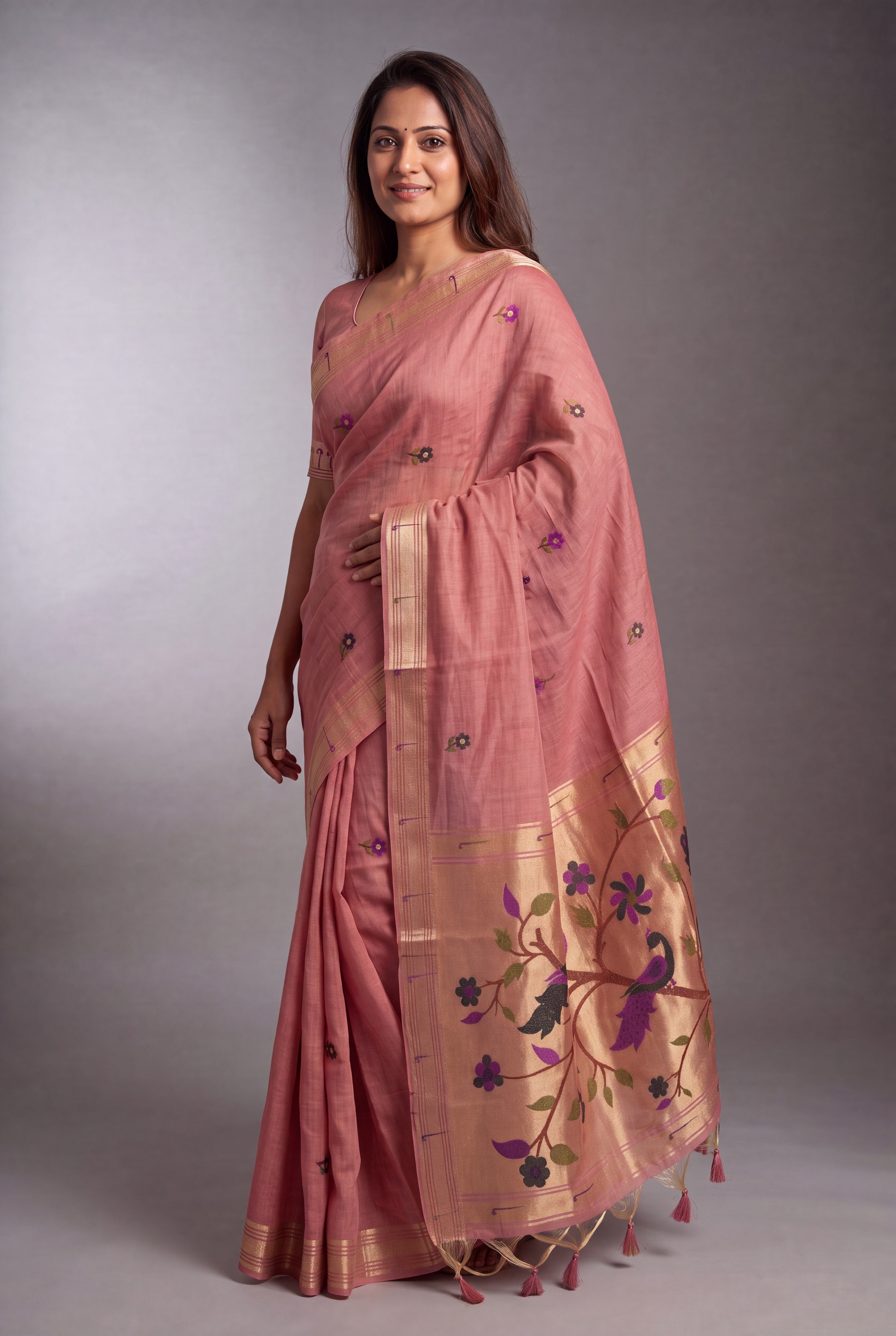 Carrot Pink Jamdhani Cotton Saree with Adbhuta Mayūra Pallu