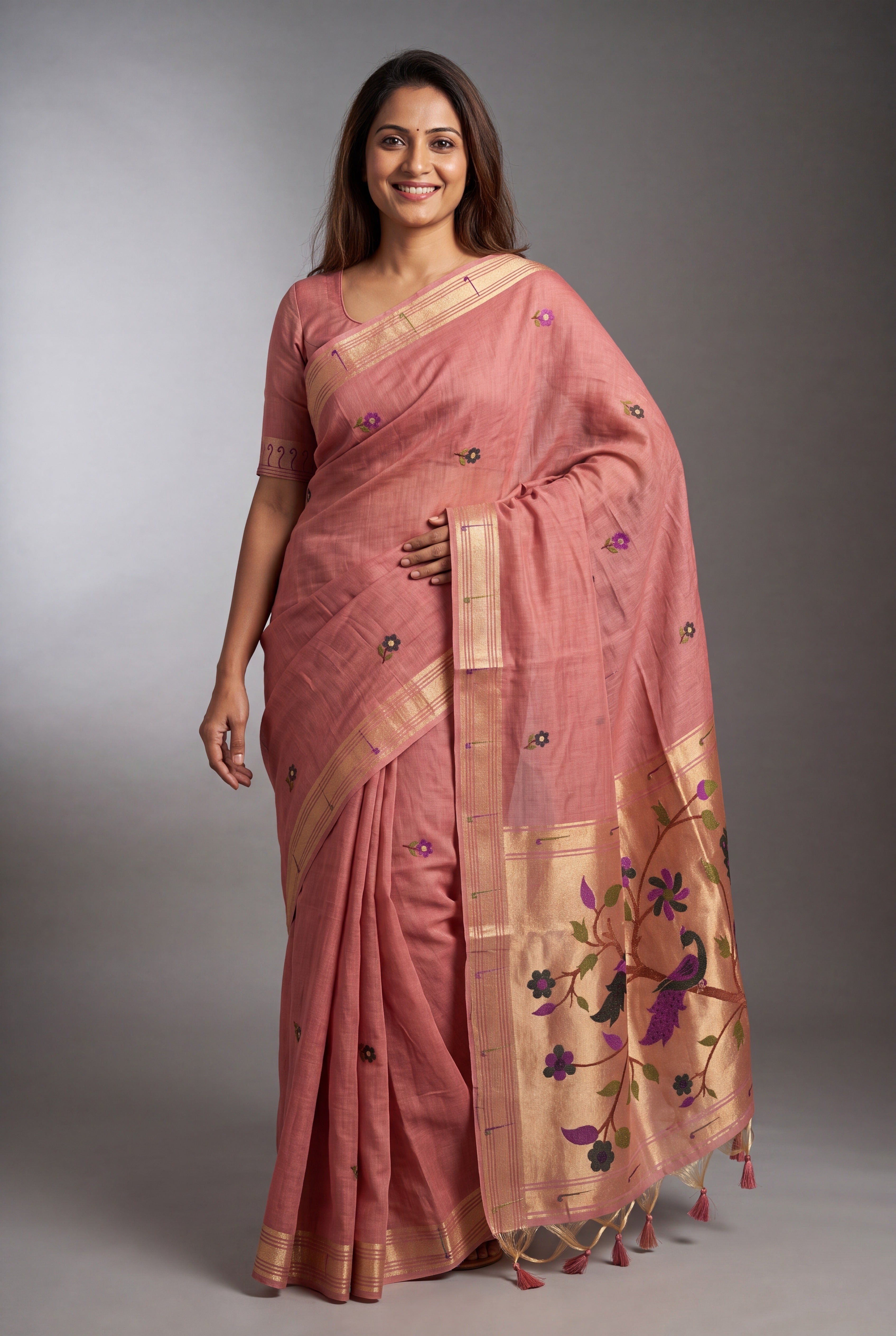 Carrot Pink Jamdhani Cotton Saree with Adbhuta Mayūra Pallu