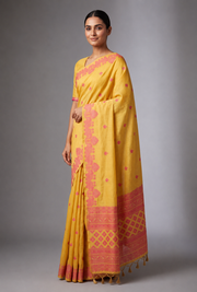 Haldi Yellow Cotton Saree with Kesari Orange threadwork